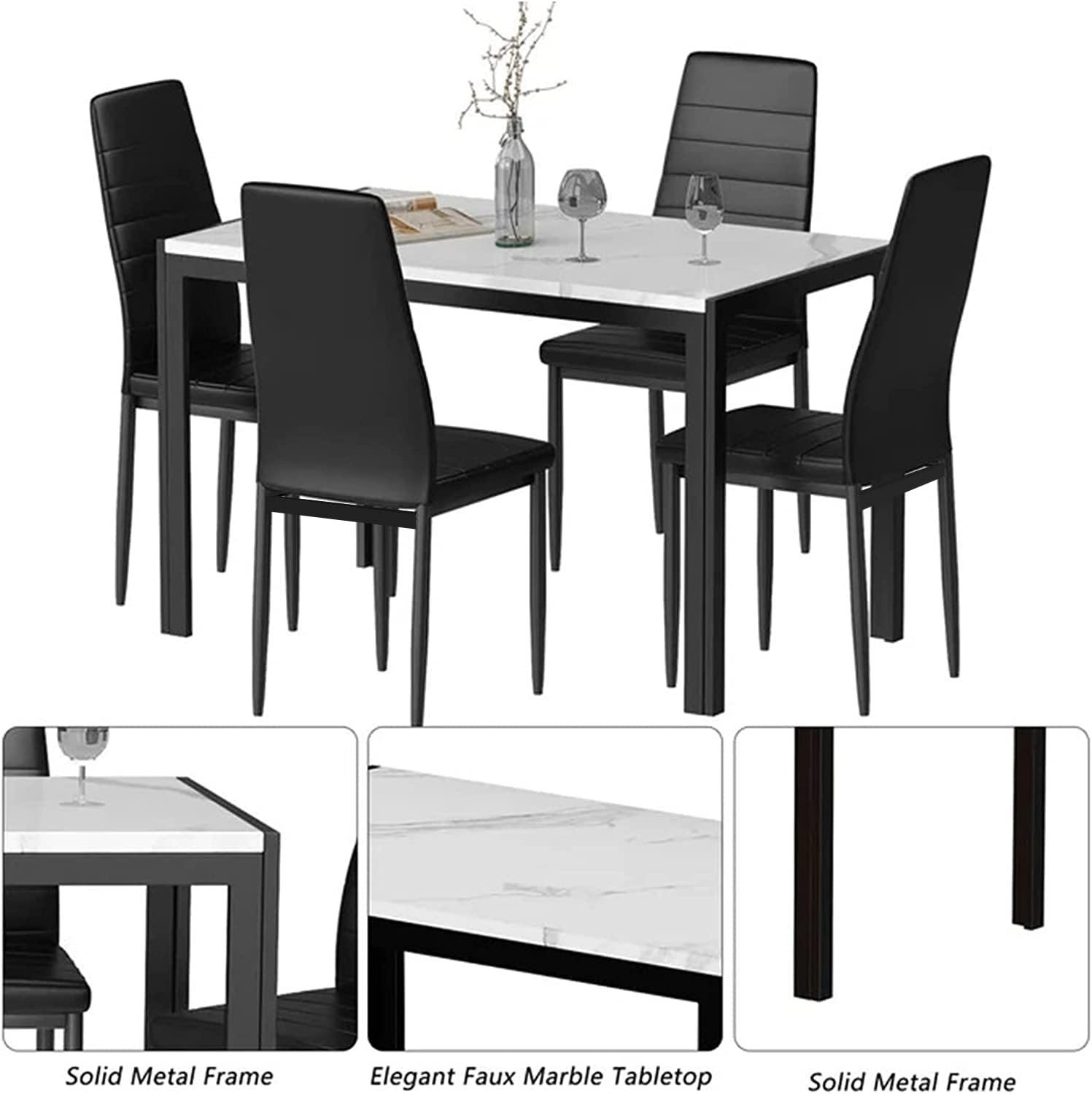 DKLGG 5-Piece Modern Dining Table Set for 4 - Faux Marble Kitchen Table with 4 Chairs, Space-Saving Home Furniture for Small Apartments | Perfect for Family Dinners, Entertaining Guests & Compact Living Spaces