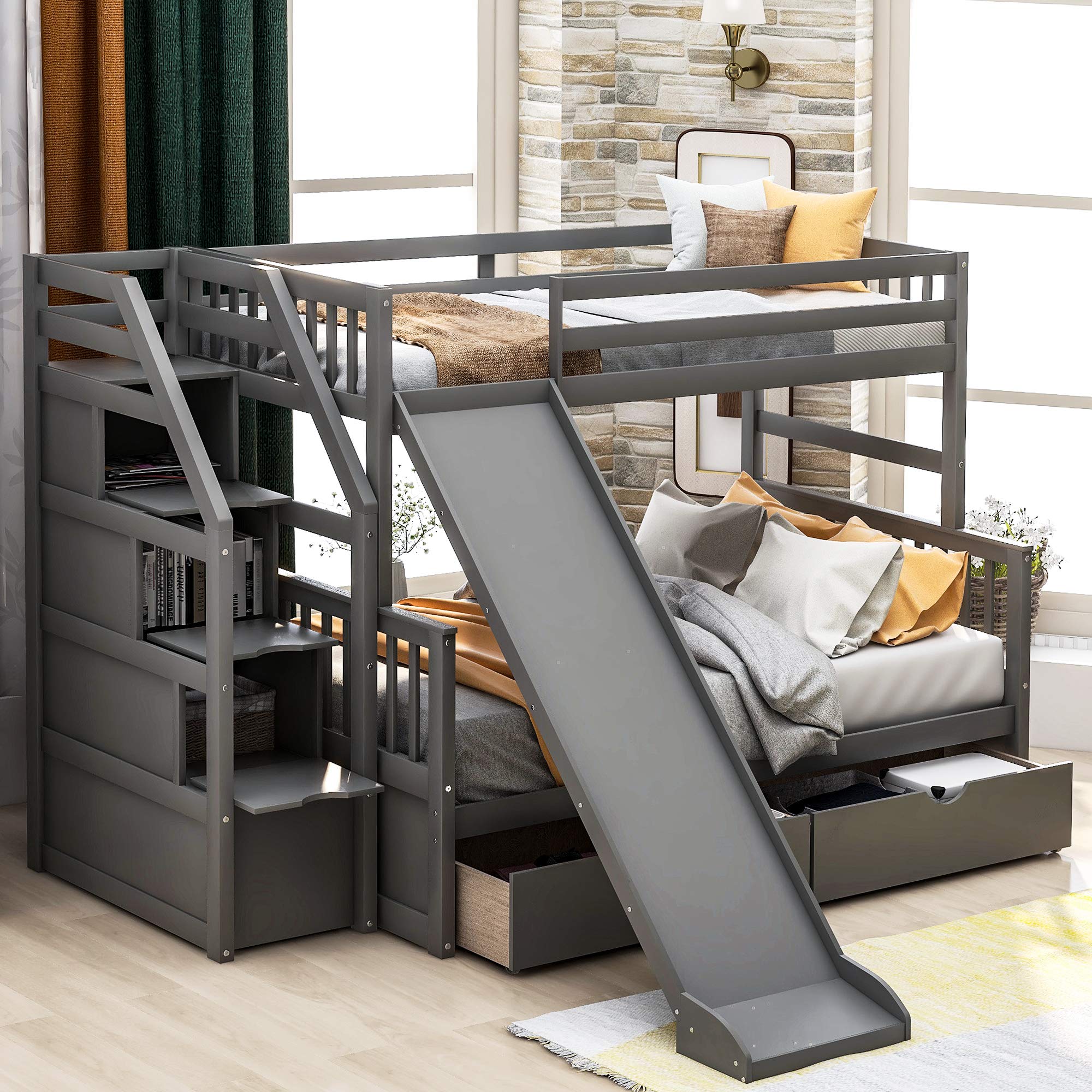 KLMM Twin Over Full Bunk Bed with Storage & Slide - Convertible for Kids & Adults (Gray) - Perfect for Small Spaces & Shared Rooms
