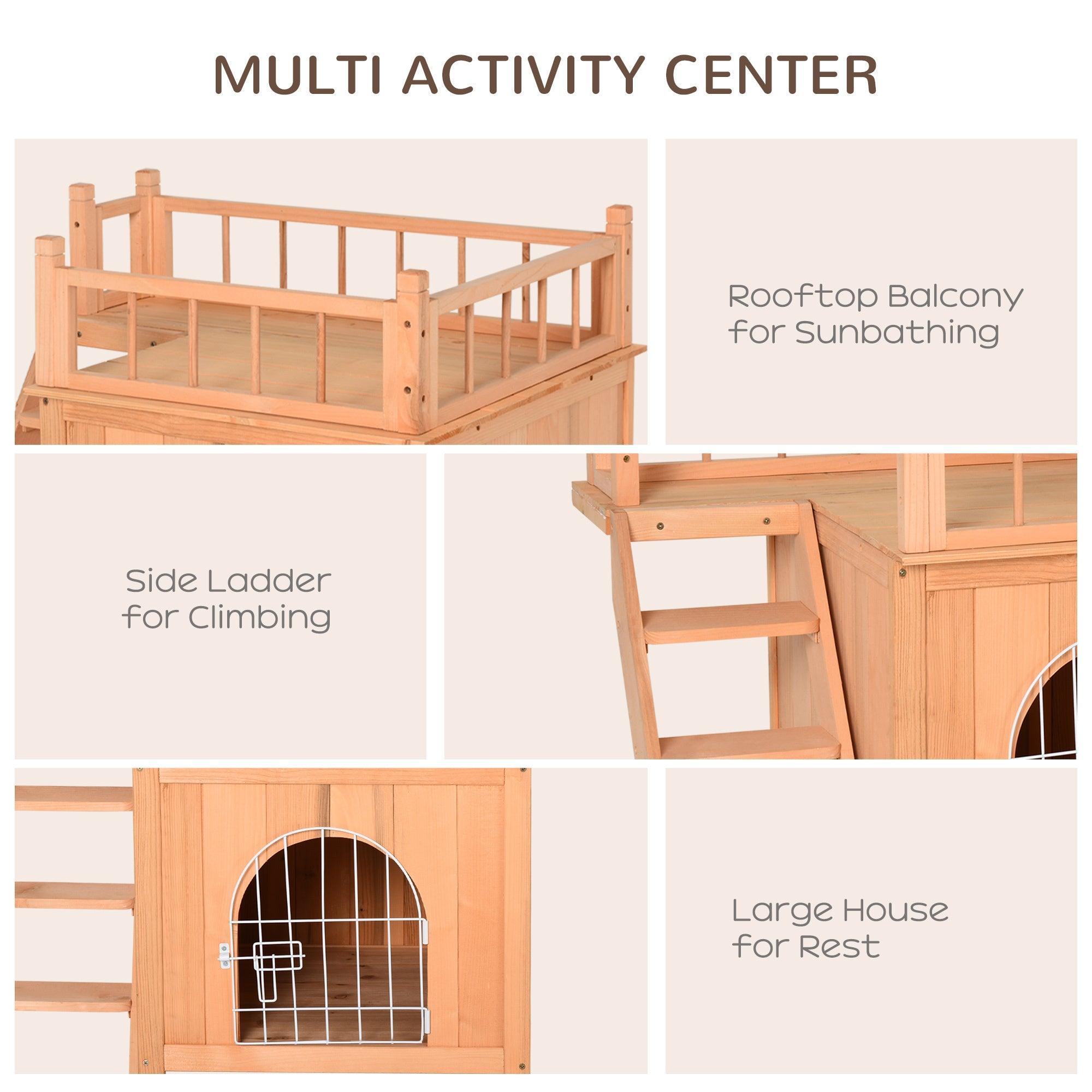 2 Level Wooden Cat House with Lockable Wire Door & Balcony - Outdoor Cat Condo & Dog Shelter - Natural Wood Pet House for Indoor/Outdoor Use - Perfect for Backyard, Patio or Garden