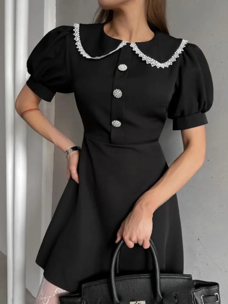 Elegant Doll Collar Mini Dress for Women - Spring Summer Chic Solid Short Sleeve Sexy Slim Button Dress - Perfect for Office Commute, Date Night & Cocktail Parties