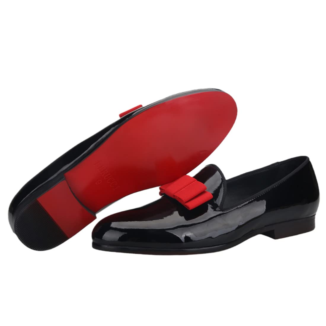 FERUCCI Men's Black Patent Leather Loafers with Red Bow - Formal Dress Shoes for Prom, Wedding & Special Occasions