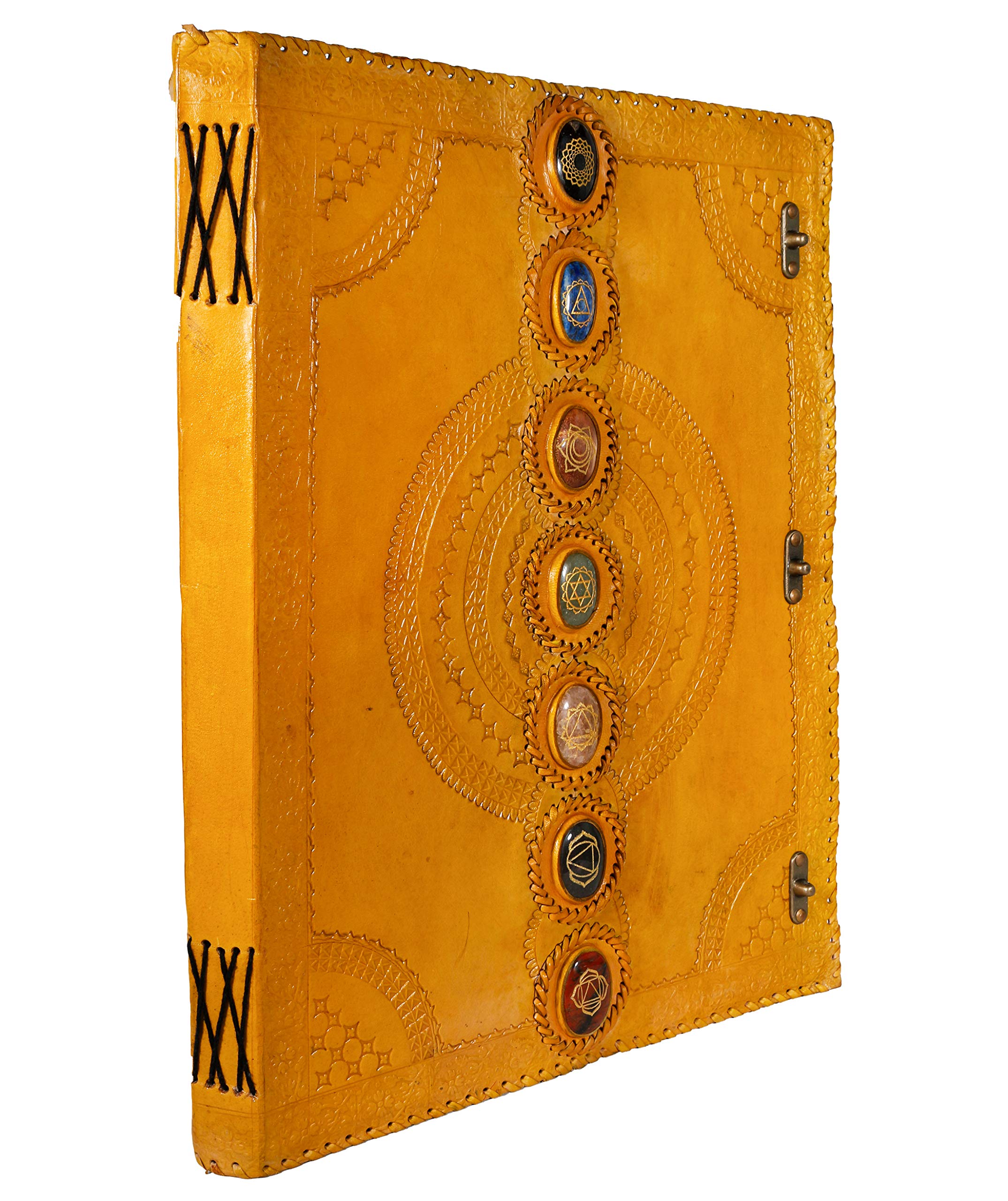Handmade Leather Journal with Real Stone Seven Chakra Embossing - Medieval Style Book of Shadows, Office Diary, College Notebook for Poetry & Sketching - 14x22 inch Yellow Grimoire - Perfect for Wiccan Rituals, Journaling & Gift Giving