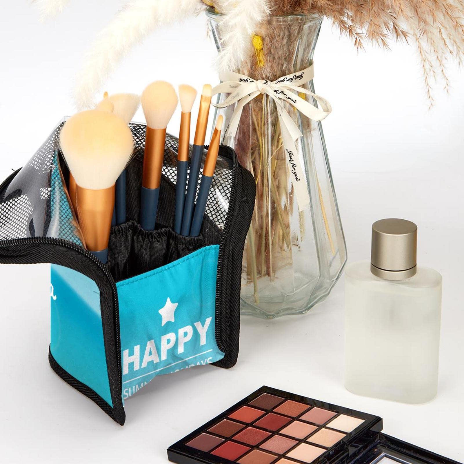 12-Piece Makeup Brush Organizer Bag - Portable Waterproof Travel Cosmetic Brush Holder Case with Zipper for Summer Beach Vacation, Makeup Artists & Daily Use