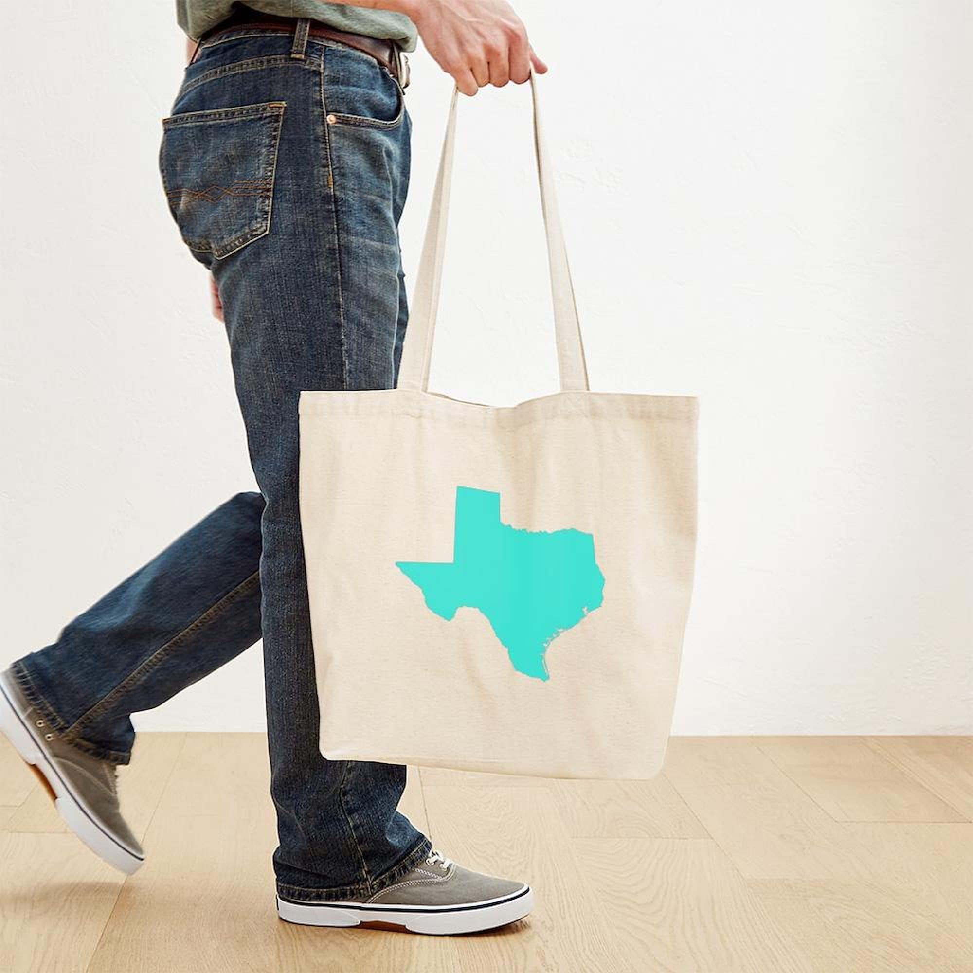 Turquoise Texas Outline Tote Bag - Natural Canvas Reusable Shopping Bag for Groceries, Beach & Travel | Eco-Friendly Cotton Tote with State Design