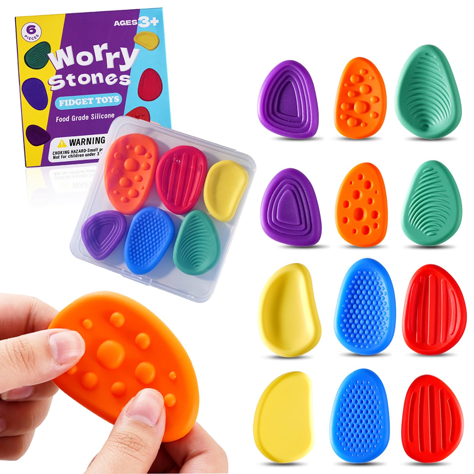 Sensory Fidget Stones Set - 6 Pack Soft Textured Anxiety Relief Toys for Autism, ADHD & Stress - Portable Worry Stones with Storage Box - Perfect for Classroom, Office & Travel - Calming Sensory Toys for Kids & Adults