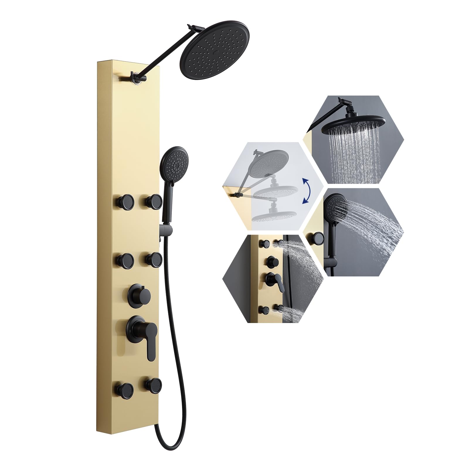 ROVATE Luxury Shower Panel Tower System - 6 Body Massage Jets & 5-Function Handheld Shower Head, Adjustable Rainfall Shower with Self-Cleaning Nozzles, Brushed Gold Stainless Steel Wall Mount Column - Perfect for Spa-Like Bathroom Experience & Modern Home Upgrade