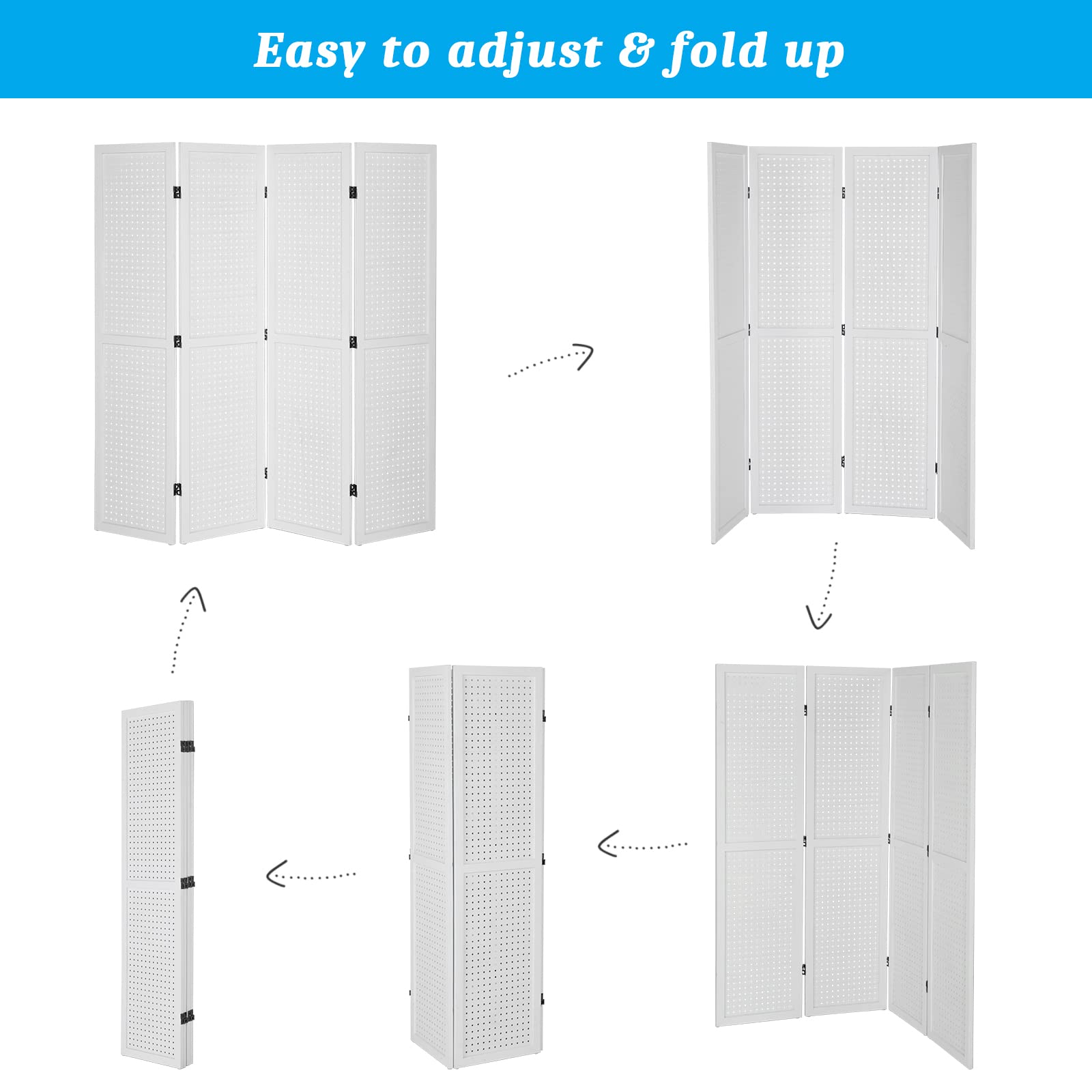 Bonnlo 4 Panel Pegboard Freestanding Organizer - 5 FT Portable Display Board for Craft Shows, Jewelry & Retail - Wooden Folding Privacy Screen Room Divider with Base (White) - Perfect for Trade Shows, Boutiques & Home Office Organization