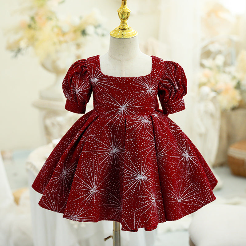 Burgundy Princess Tea Length Flower Girl Dress with Pleated Detail - Elegant Formal Wear for Weddings, Parties & Special Occasions