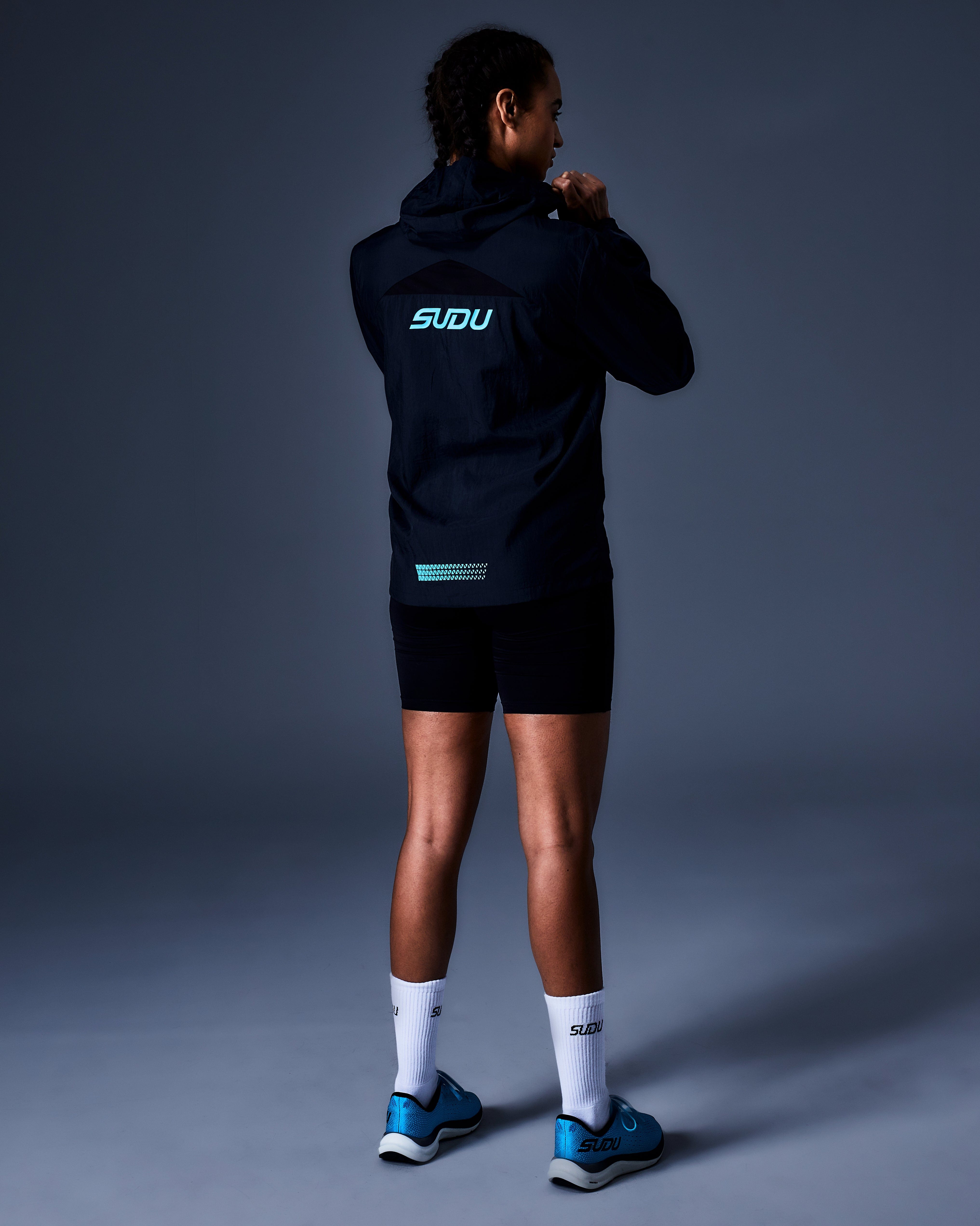 SRJ L 01 Lightweight Jacket for Men & Women - Waterproof Windbreaker with Hood - Black/Light Blue - Perfect for Hiking, Running & Outdoor Activities