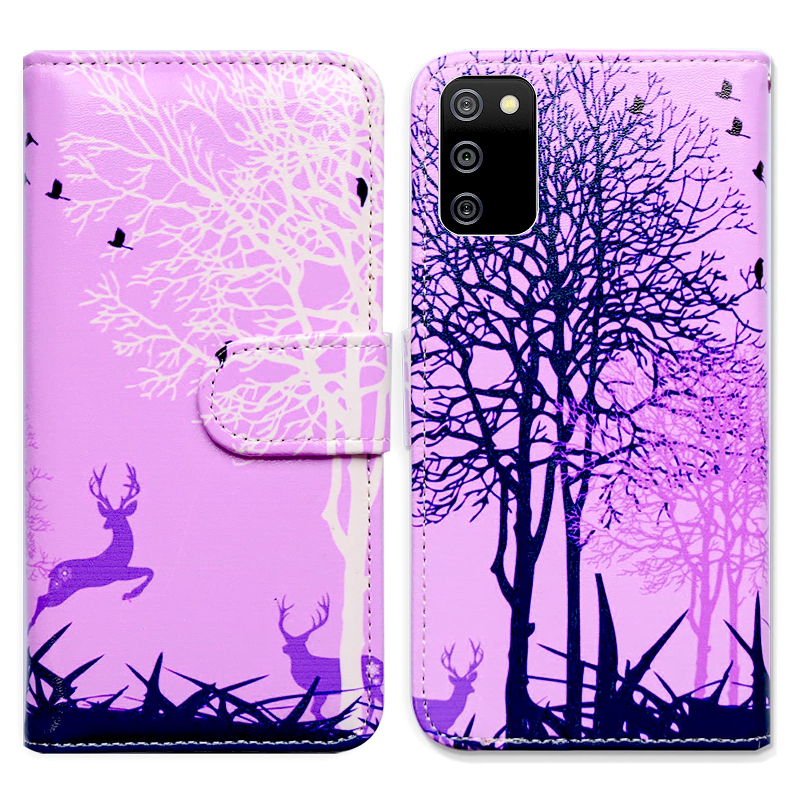 Premium Samsung Galaxy A02s Leather Wallet Case - Purple Deer & Black Birds Design with Card Slots & Kickstand | Protective Flip Cover for Everyday Use, Commuting & Travel