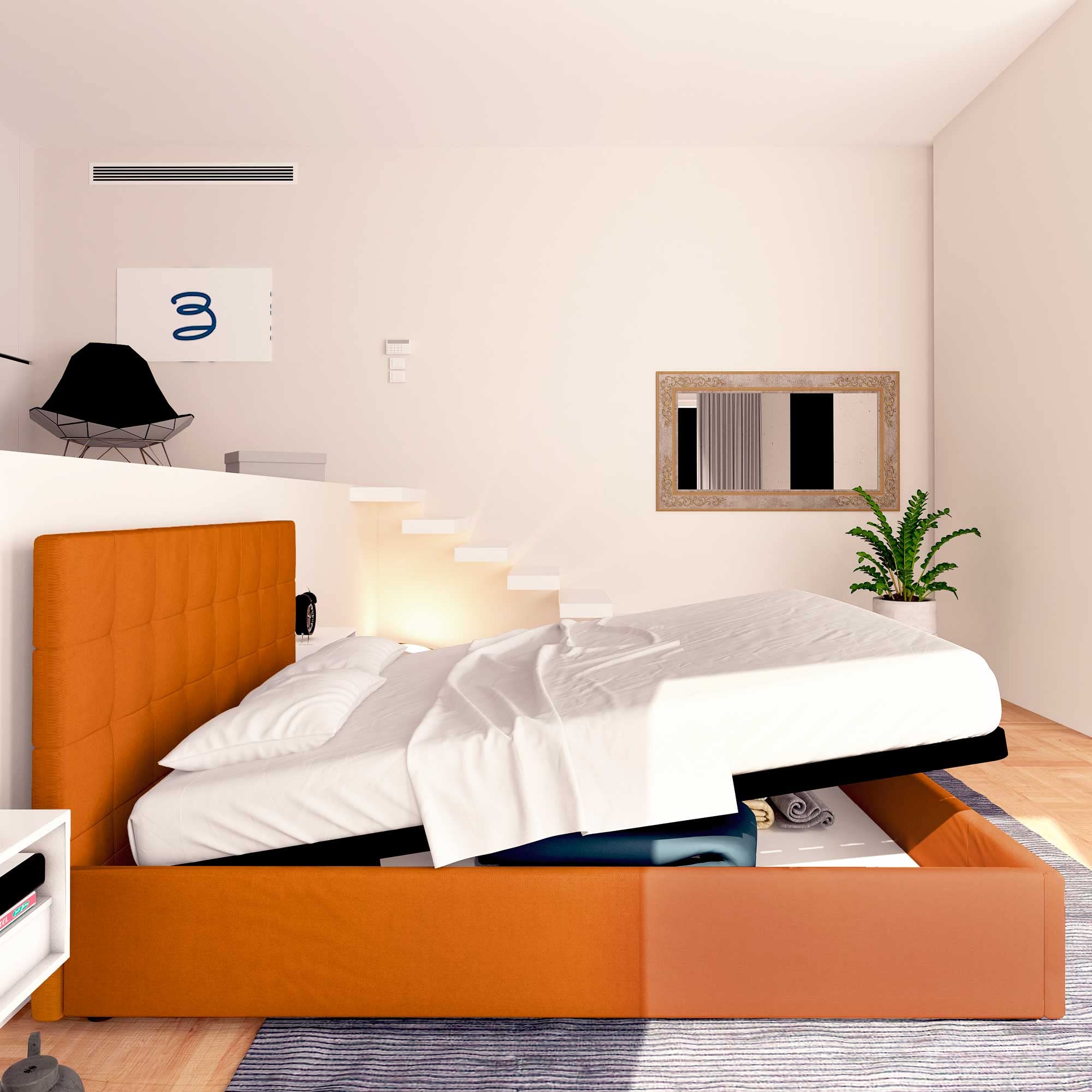 Baldiflex Square and Half Bed with Dublin Fabric Storage, Slatted Base for Single Mattresses, 120 x 200 cm, Elegant Orange Headboard - Perfect for Small Bedrooms, Guest Rooms & Studio Apartments