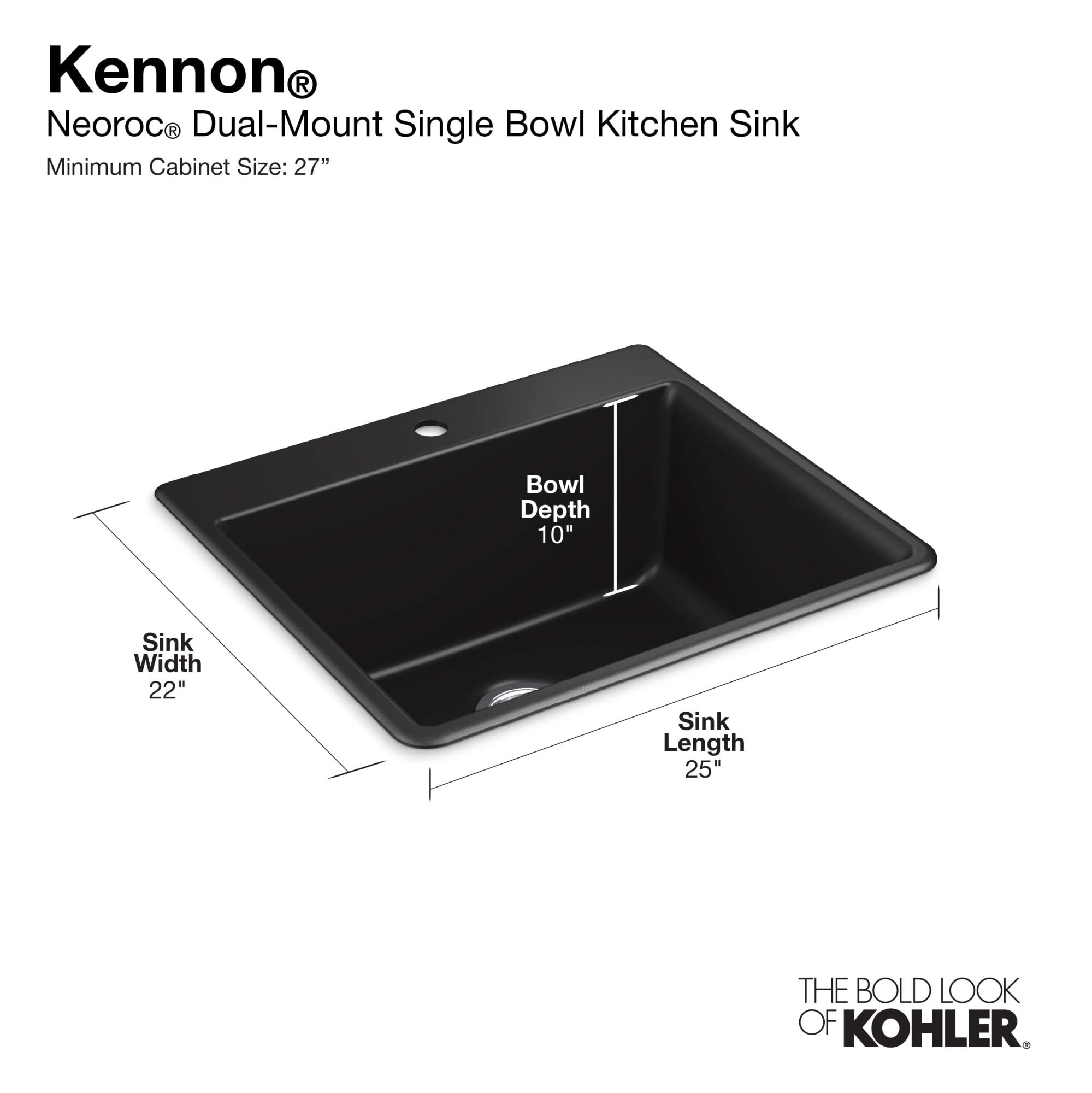 KOHLER 28003-1-CM1 Kennon 25-Inch Undermount or Top Mount Single Bowl Kitchen Sink | Matte Black Composite Utility Sink with Drain Rack | Perfect for Modern Kitchens & Laundry Rooms