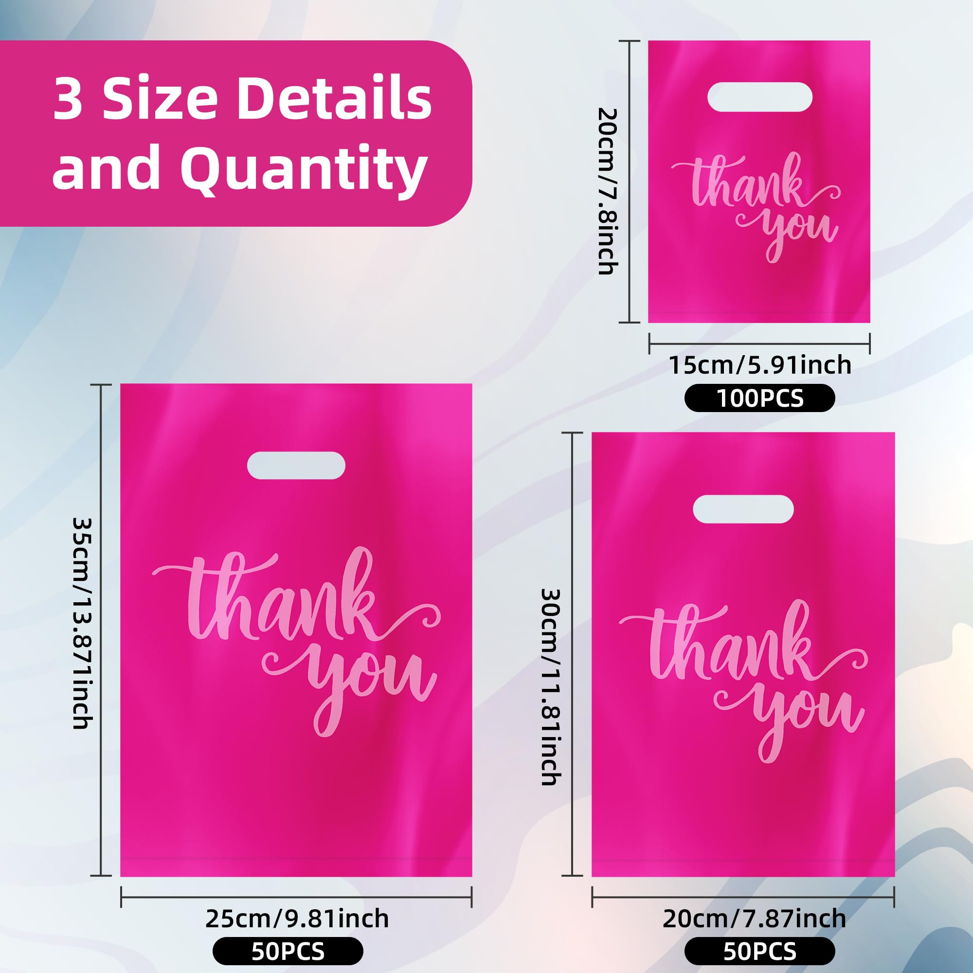 200 Pack Thank You Bags - 3 Sizes (13.8x9.8 In, 11.8x7.9 In, 7.9x5.9 In) Plastic Goodie Bags with Handles - Bulk Party Favor Bags, Retail Merchandise Bags, Gift Bags for Weddings, Baby Showers & Birthday Parties