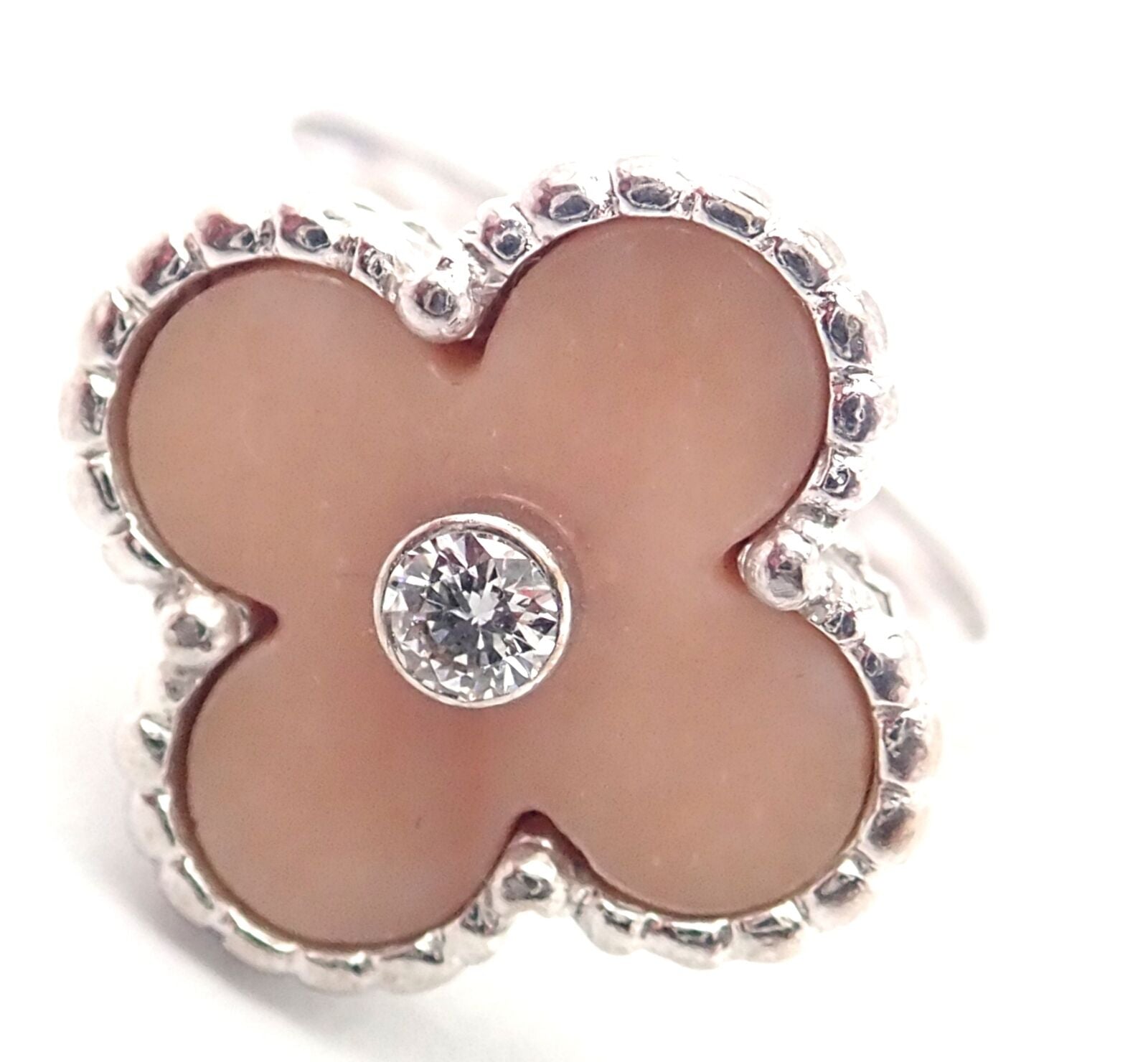 Authentic Van Cleef & Arpels Alhambra 18k White Gold Pink Opal Diamond Ring - Luxury Jewelry for Women, Perfect for Weddings, Anniversaries & Special Occasions