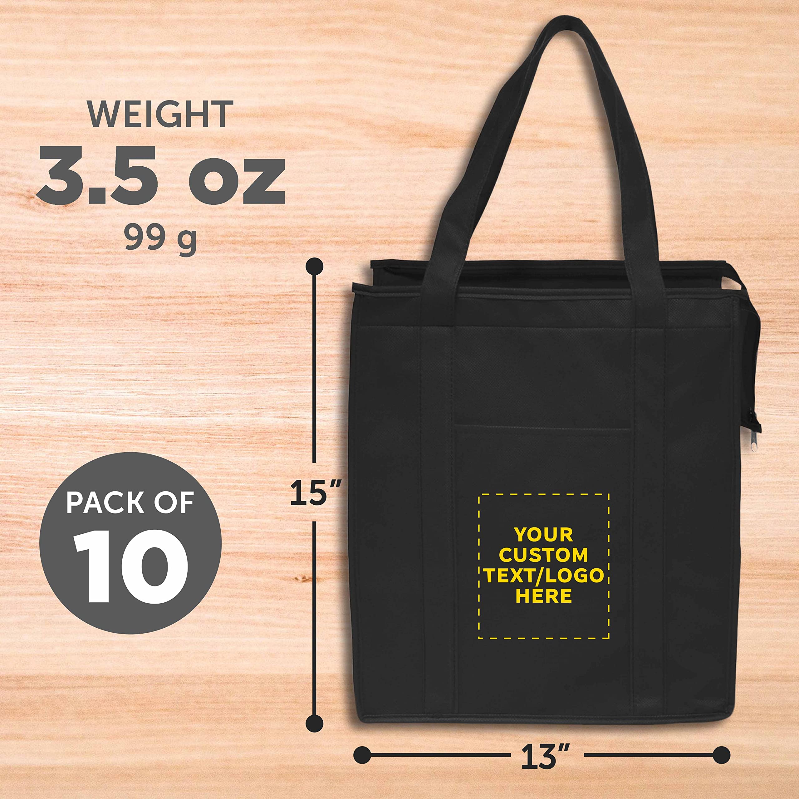 Custom Non-Woven Insulated Tote Bags Bulk Pack - 10 Reusable Personalized Grocery Bags for Picnic, Camping, Beach & Outdoor Activities - Eco-Friendly Shopping & Lunch Bags - Black