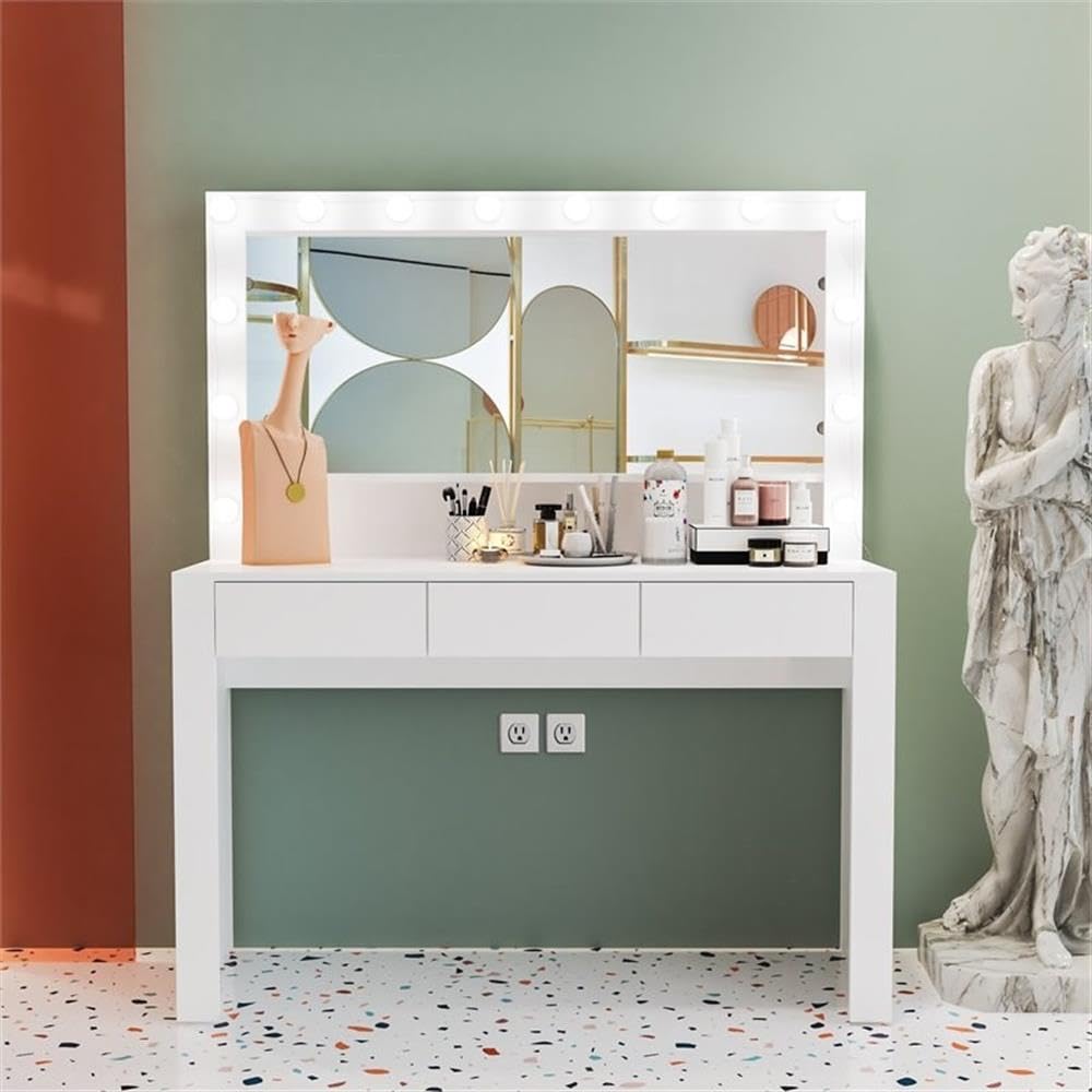 Boahaus Calliope Modern Vanity Table with Light Bulbs - White Finish Dressing Table for Bedroom, Makeup Vanity with Mirror & Stool - Perfect for Home Decor, Bridal Suite & Beauty Room Organization