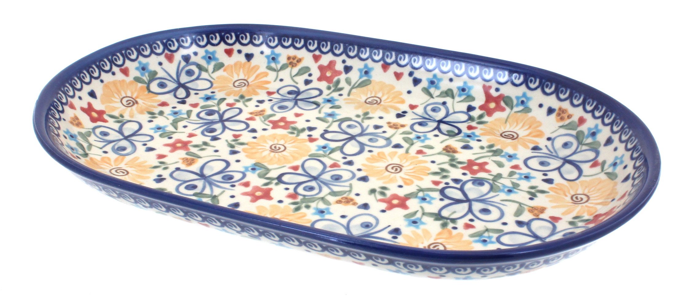 Handmade Blue Rose Polish Pottery Butterfly Large Oval Serving Dish - Elegant Decorative Platter for Dining, Entertaining & Home Décor