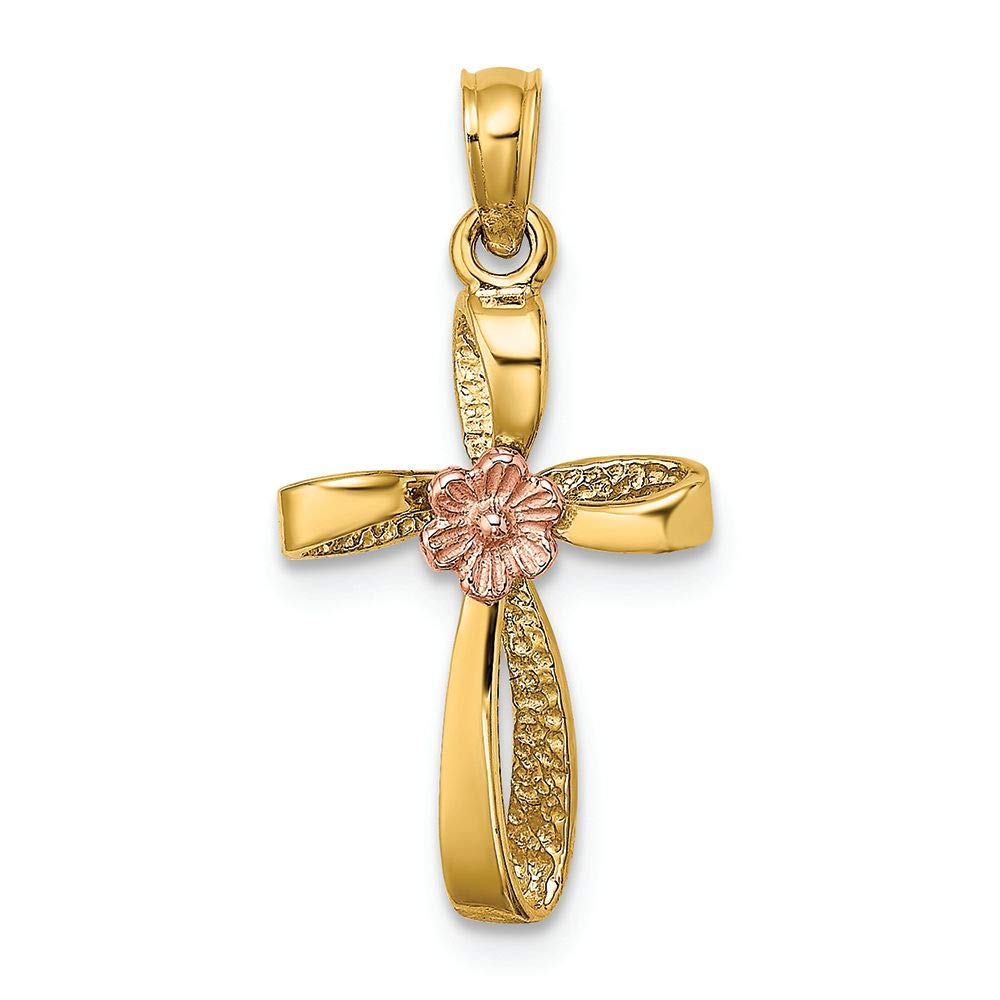 14K Two-Tone Gold Twisted Cross Pendant with Pink Flower Charm - Elegant Jewelry for Women, Perfect for Gifts, Anniversaries & Special Occasions