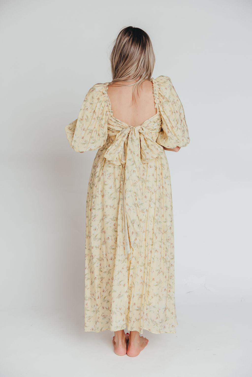 Melody Maxi Dress with Pleats & Bow Detail - Yellow Floral Print | Bump Friendly Maternity Dress | Inclusive Sizing (S-3XL) | Perfect for Weddings, Baby Showers & Summer Vacations