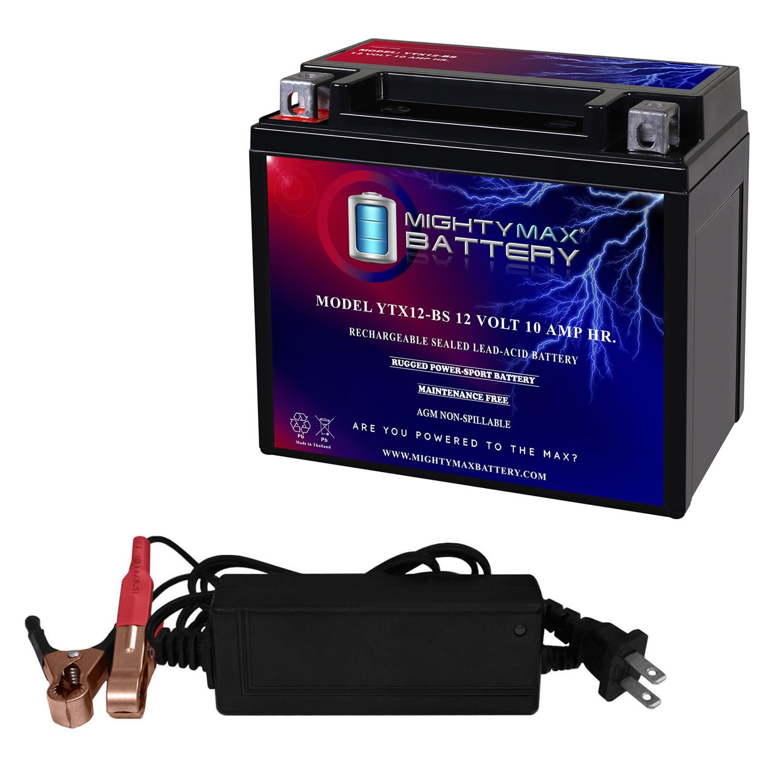 Mighty Max YTX12-BS 12V 10Ah Sealed Lead Acid Battery with 12V 2A Charger - Compatible with PowerTex PTX1, Scooters, ATVs & Motorcycles - Perfect for Outdoor Power Sports & Emergency Backup