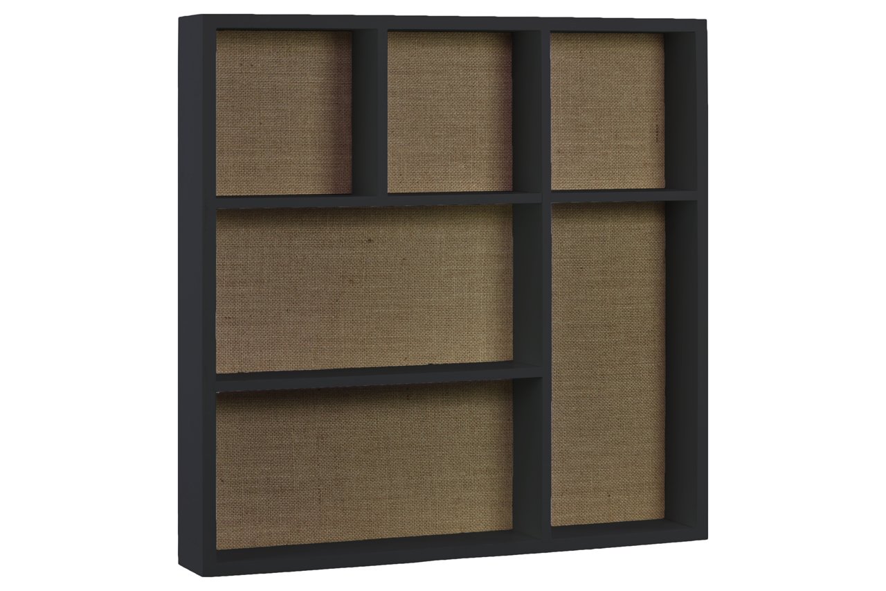 Black Wood Square Wall Shelf with Burlap Backing - 6 Slot Display Organizer in Matte Finish for Home Decor, Bathroom Storage & Office Organization