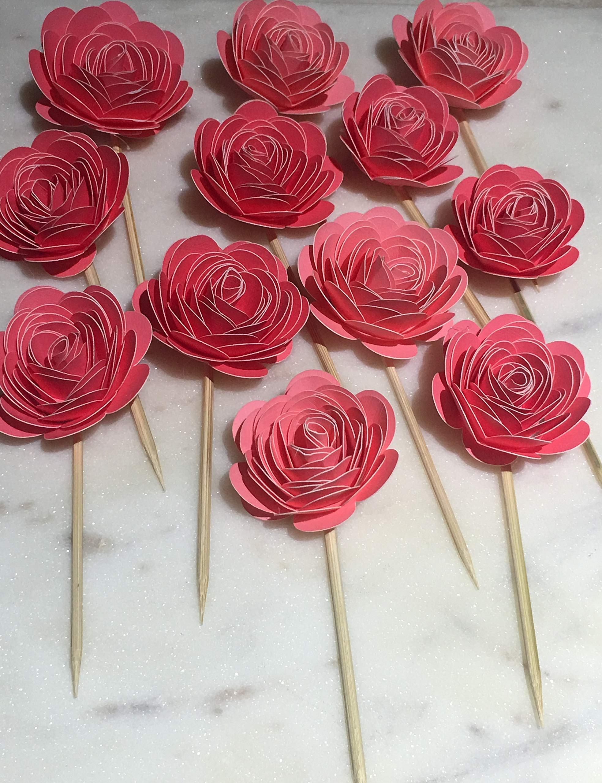 Pink Paper Flower Cupcake Toppers for Weddings, Bridal Showers & Parties - Elegant DIY Cupcake Decorations for Engagement, Bachelorette, Communion & Birthday Celebrations - Perfect for Romantic Events & Special Occasions