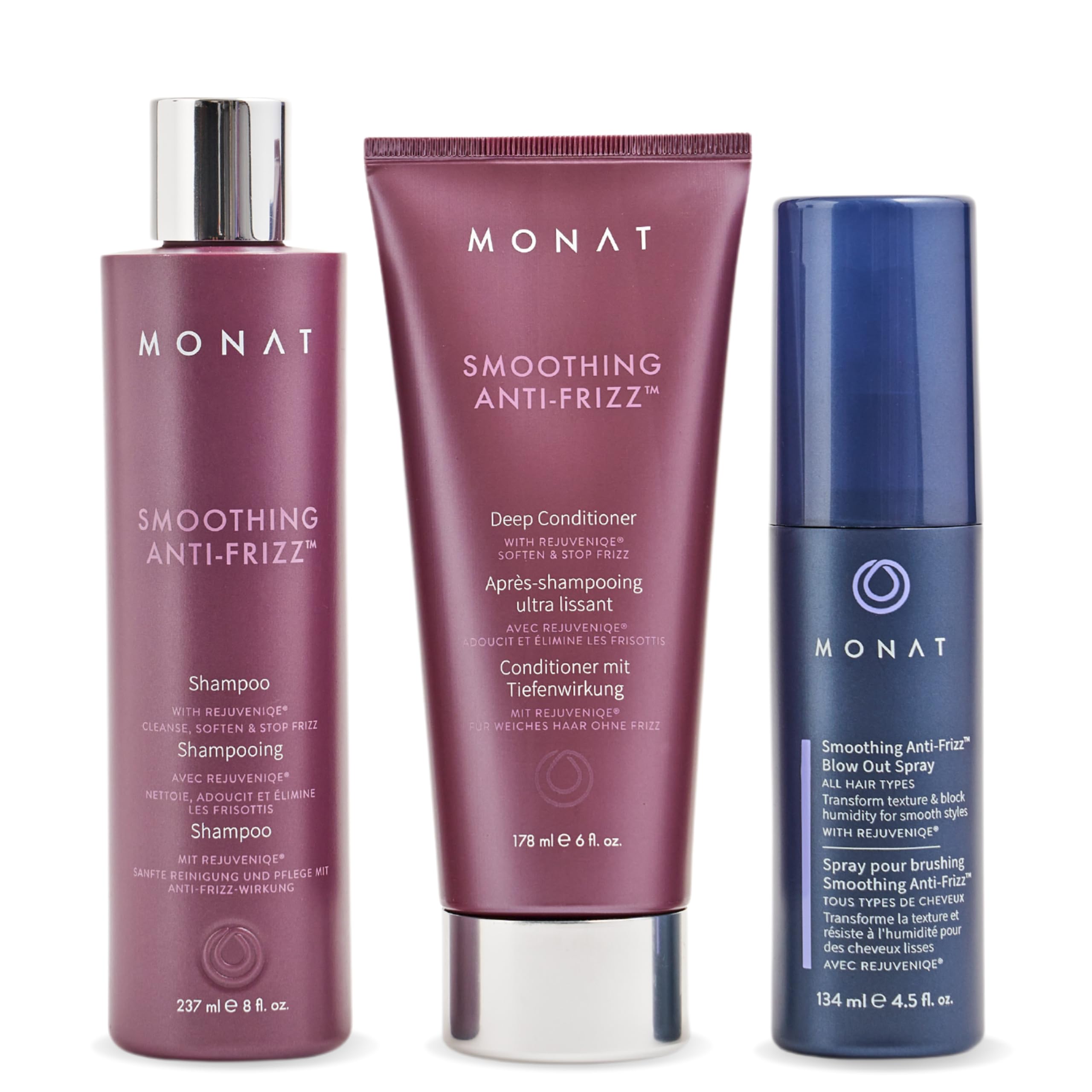 MONAT Smoothing Anti-Frizz Hair Care System - Frizz Resistant Shampoo, Conditioner & Styling Spray for Smooth, Shiny Hair - Professional Hair Therapy for Frizz Control & Blowout Styling - Perfect for Daily Use, Salon-Quality Results at Home