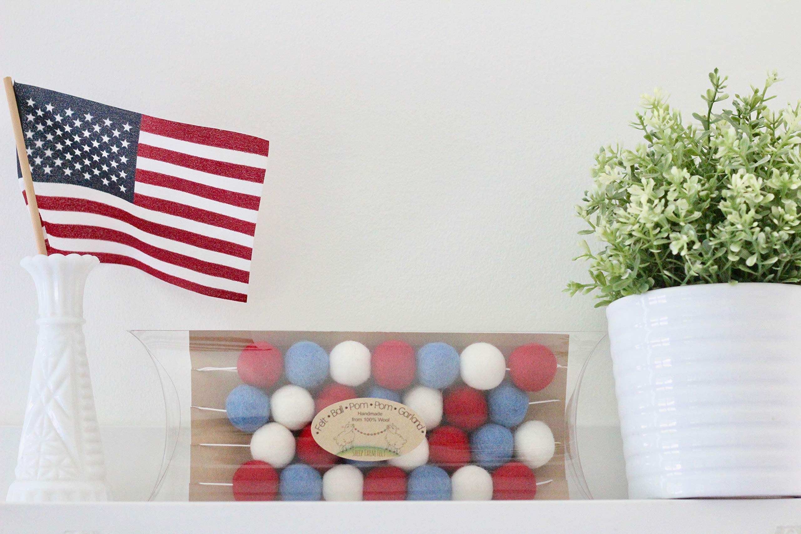Red White & Blue Adjustable Handmade Felt Ball Garland - 1 Inch Pom Poms, 7 Feet Long with 28 Felt Balls by Sheep Farm Felt | Perfect for Summer Decorations, 4th of July Parties, Baby Showers & Nursery Wall Decor