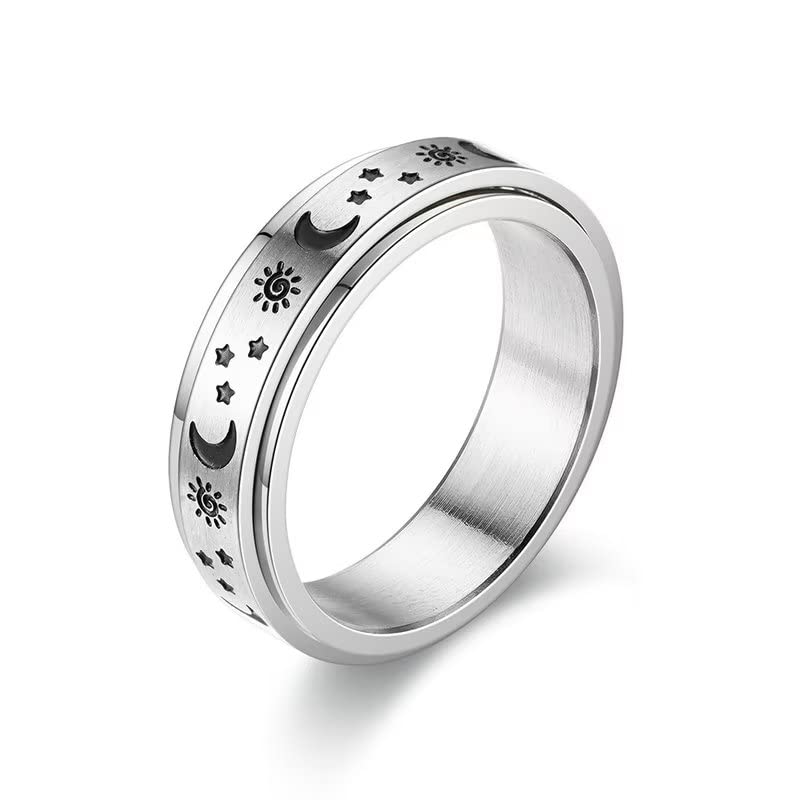 Spinner Moon and Star Titanium Ring - Rotatable Stress Relief Anxiety Ring for Men & Women - Stainless Steel Wedding Engagement Promise Ring (Size 6-12) - Perfect for Gifts, Meditation, and Everyday Wear