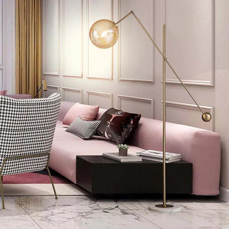 Minimalist Sphere Long Arm Metal Floor Lamp - Modern Adjustable Standing Light for Living Room, Bedroom, or Office Decor