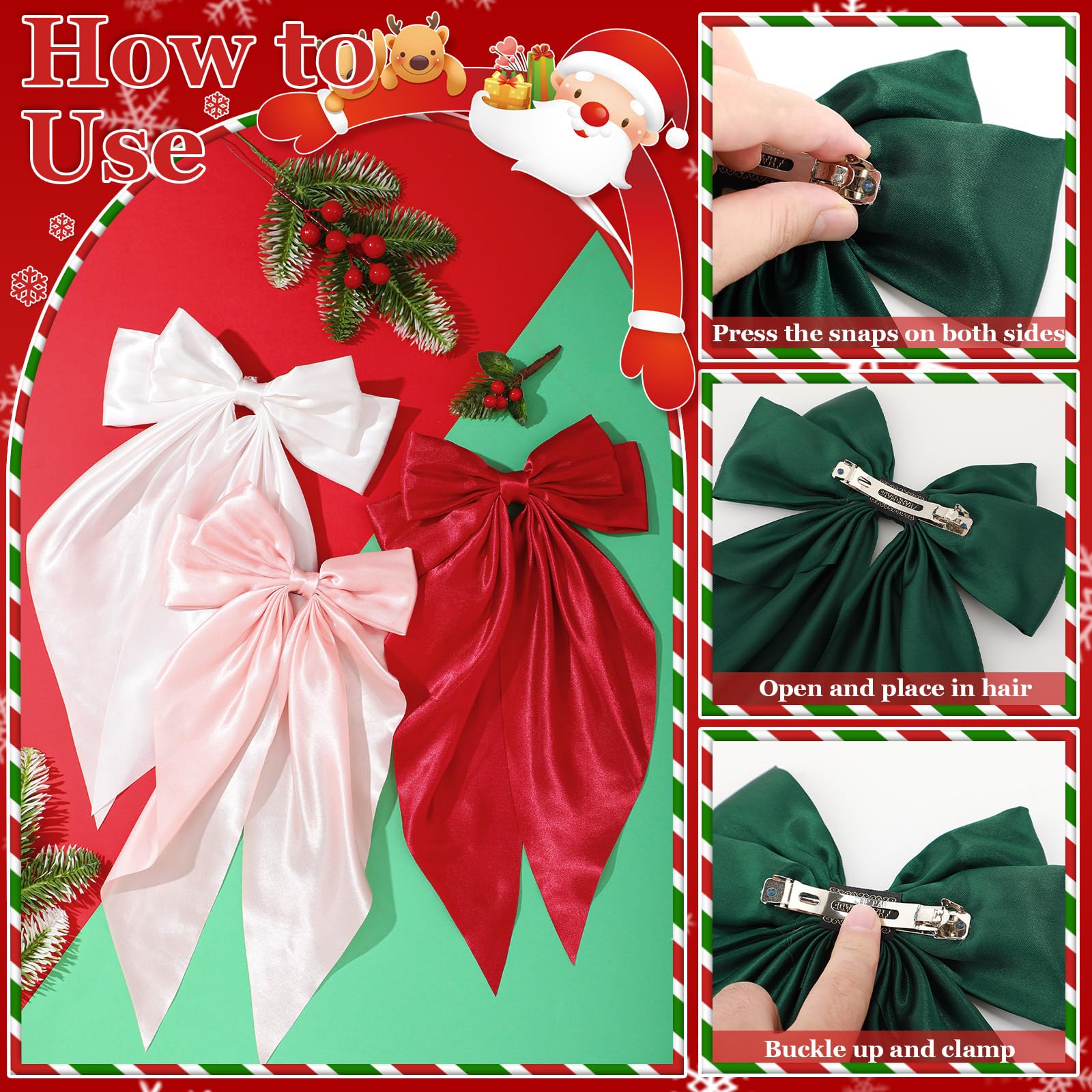 5 Pcs Satin Hair Bows - Christmas Hair Accessories for Women & Girls | Holiday Party & Gifts