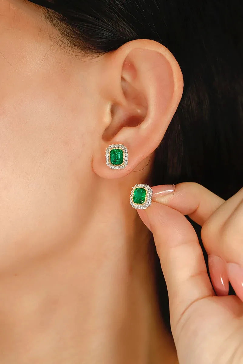 18K White & Yellow Gold Emerald Diamond Stud Earrings for Women | Luxury Natural Gemstone Jewelry | Perfect for Parties, Weddings & Special Occasions