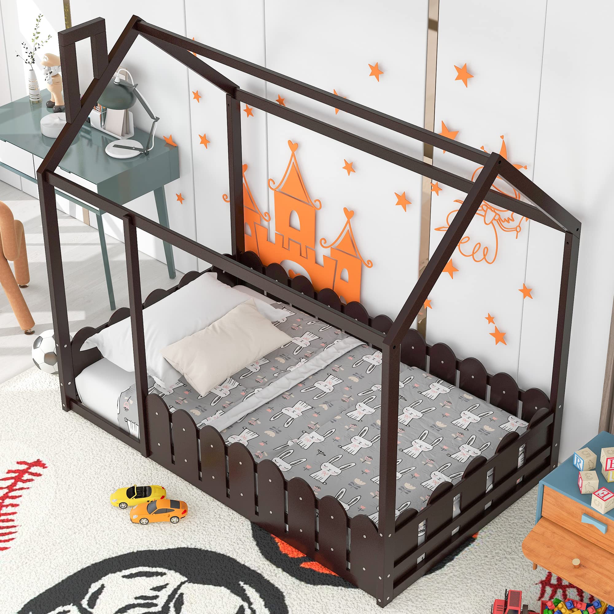 **Kids Wooden Twin Floor Bed with Safety Fence - Espresso Cabin Bed Frame for Toddlers, Boys & Girls - Perfect for Bedrooms, Playrooms & Small Spaces**