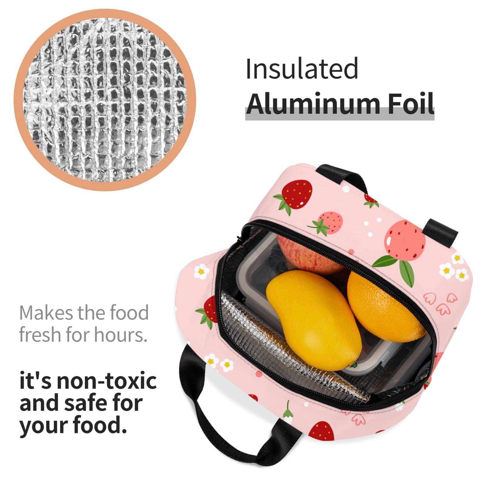 Ucsaxue Insulated Lunch Bag - Cute Strawberry & Floral Design Reusable Bento Box, Cooler Tote for Work, Picnic, Shopping - Perfect for Adults, Men & Women