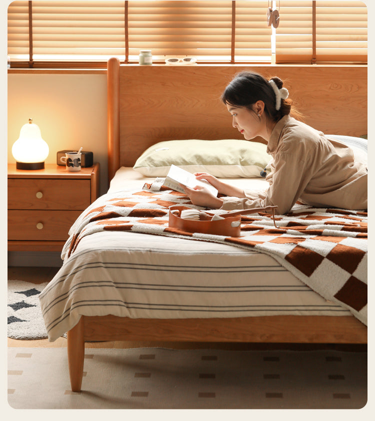 Solid Oak, Black Walnut & Cherry Wood Bed Frame - Handcrafted Queen Size Wooden Bed with Sturdy Slat Support - Perfect for Master Bedroom, Guest Room or Rustic Cabin Decor