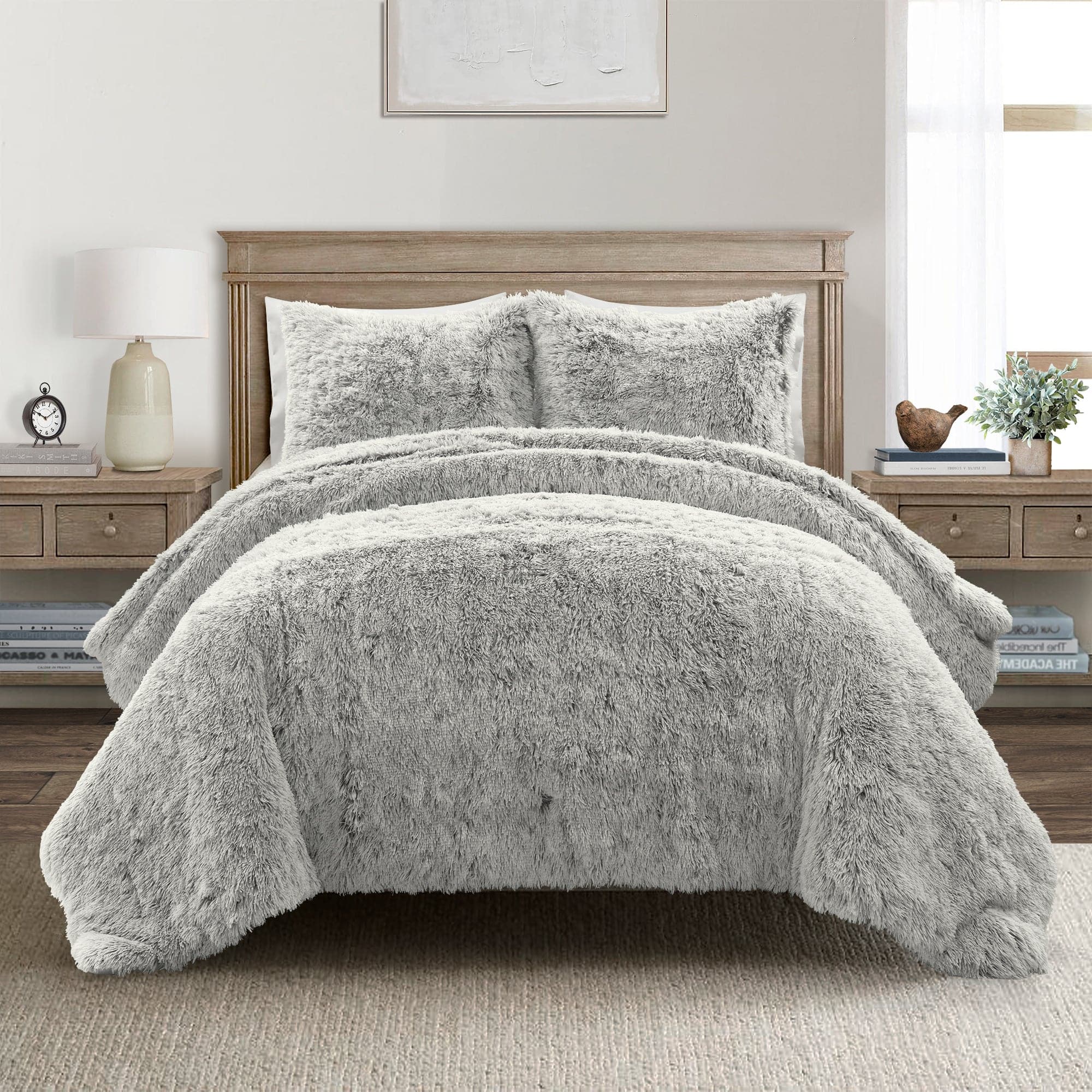 Emma Cozy Ultra Soft Two Tone Faux Fur Comforter Set - King Size Bedding with Pillow Shams - Luxury Winter Warm Comforter for Bedroom Decor & Cozy Nights