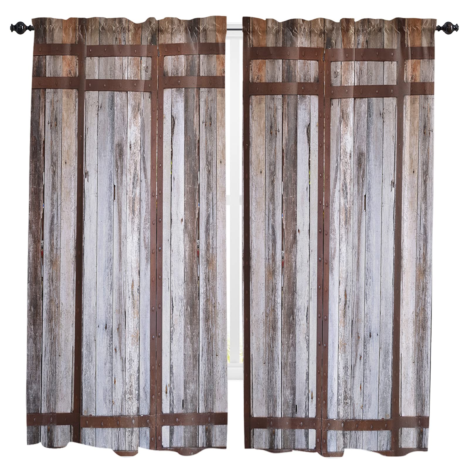 Rustic Wooden Barn Door Curtain Panels - Vintage Farmhouse Window Treatment with Rod Pocket, Set of 2 (52x72 Inches) - Perfect for Living Room, Bedroom & Kitchen Decor