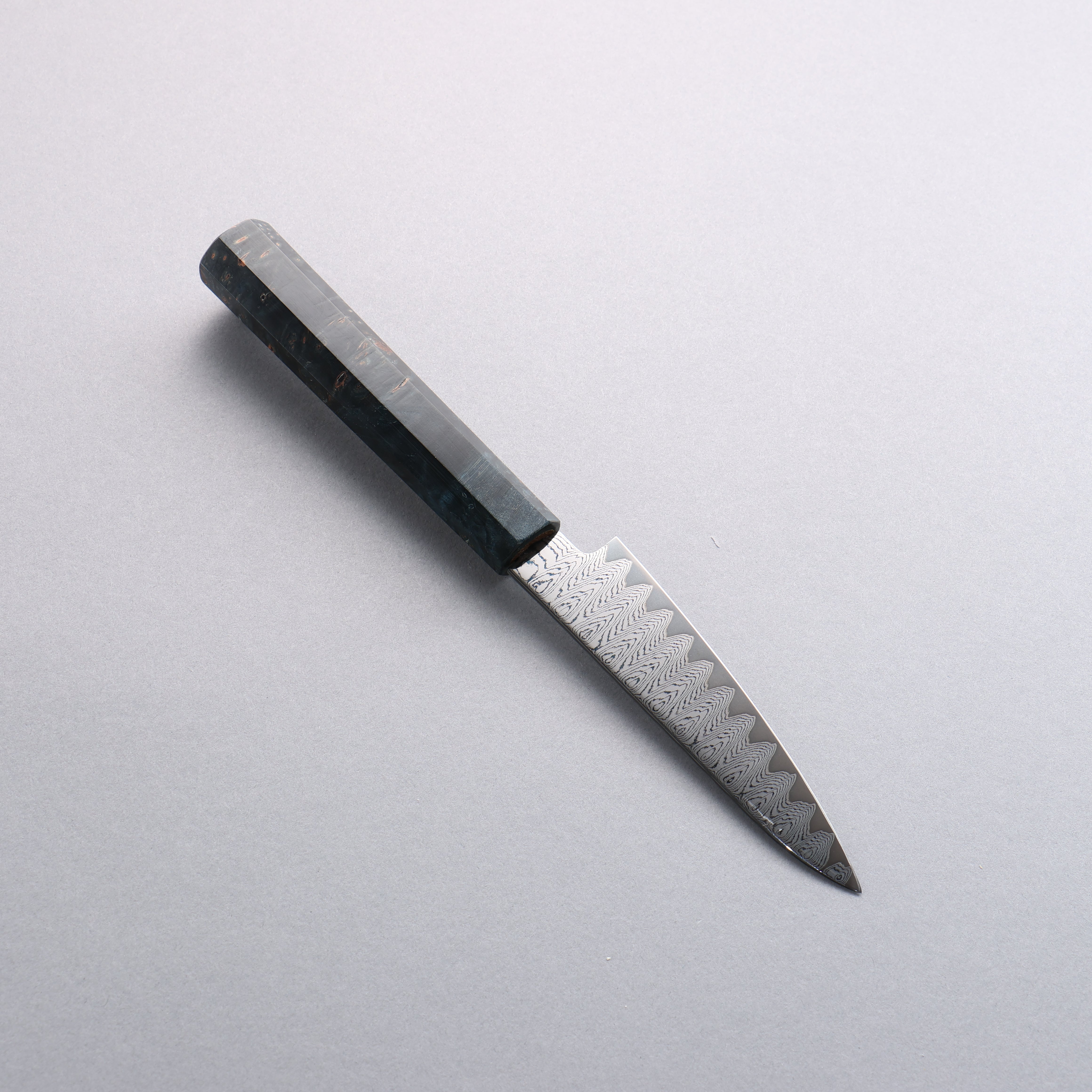 VG10 Damascus Petty Knife 105mm - Japanese Utility Knife with Migaki Finish & Dark Blue Stabilized Wood Handle - Perfect for Slicing, Peeling, and Precision Cutting in the Kitchen
