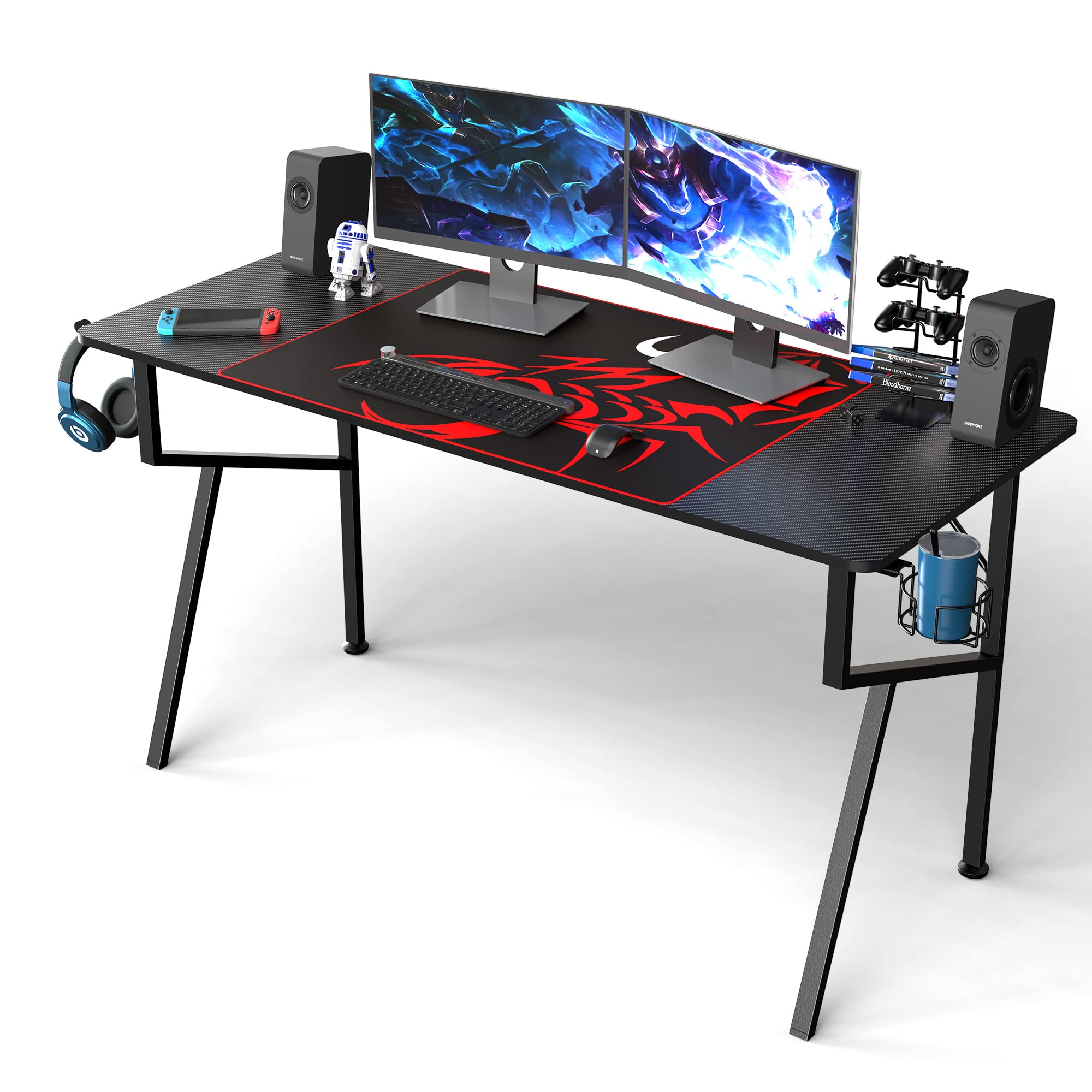 55 Inch Gaming Desk with Cup Holder & Headphone Hook - K-Frame PC Computer Desk for Home Office & Professional Gamers - Includes Free Mousepad & Gaming Handle Rack - Perfect Workstation for Esports, Streaming & Remote Work (Black)