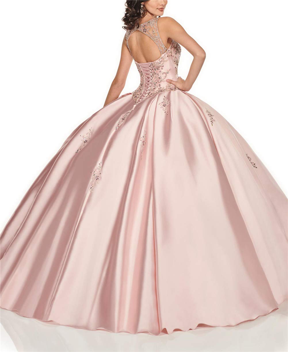 Emanni Women's Rhinestone Quinceanera Dress - Sleeveless Satin Prom Gown with Sheer Neckline | Perfect for Sweet 16, Homecoming, and Formal Evening Events