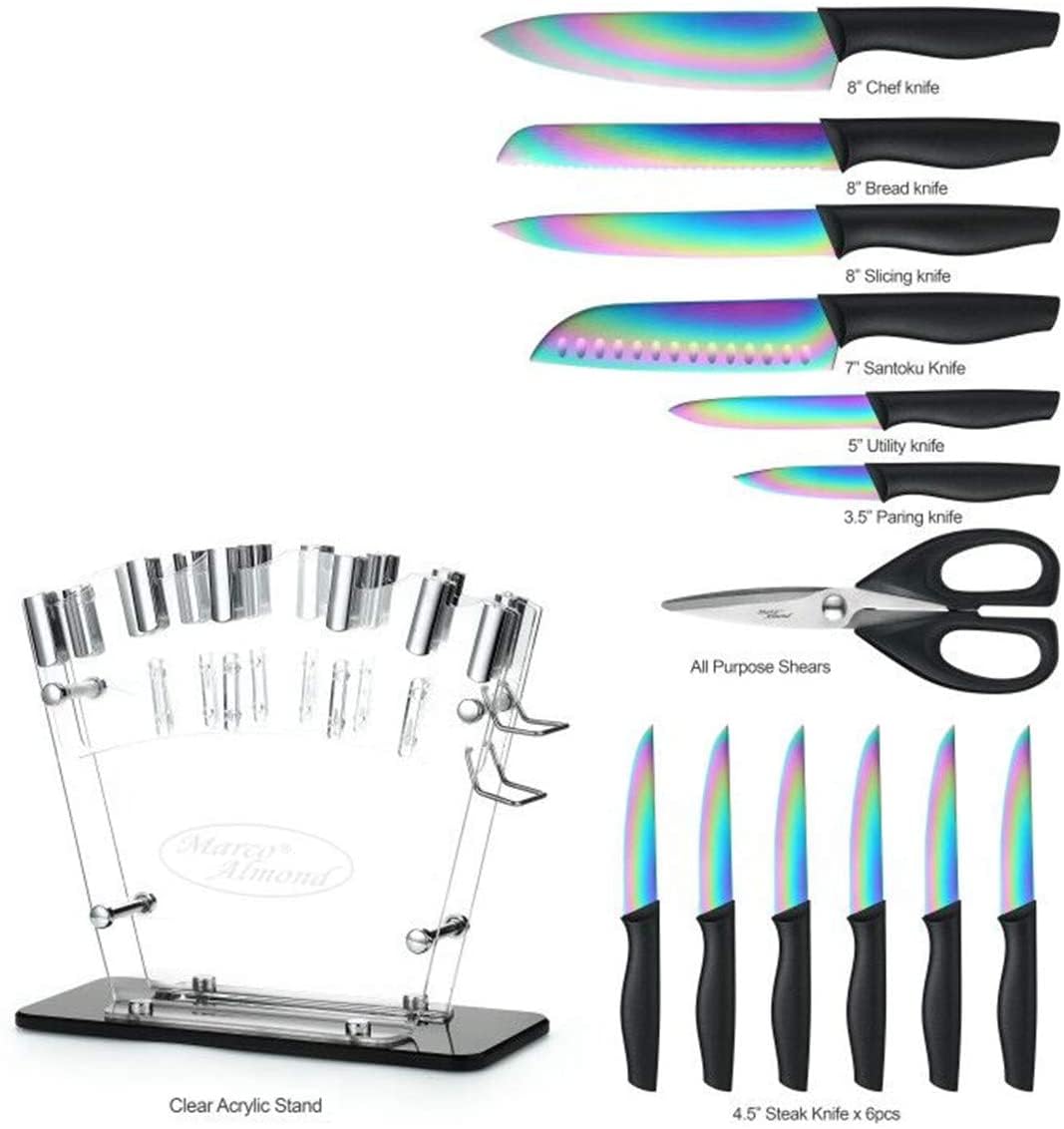 Marco Almond® 14-Piece Rainbow Color Stainless Steel Knife Block Set - Professional Chef Knives for Kitchen with Acrylic Stand | Perfect for Home Cooking, Restaurant Use & Gift Giving