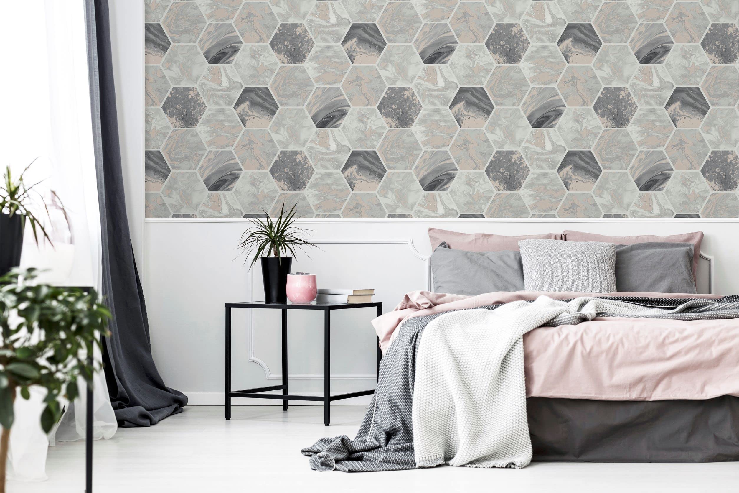 Arthouse Marbled Hex Charcoal and Rose Gold Peel and Stick Wallpaper - Self Adhesive Removable Wallpaper for Bedroom, Living Room, Kitchen, Bathroom, Office Decor