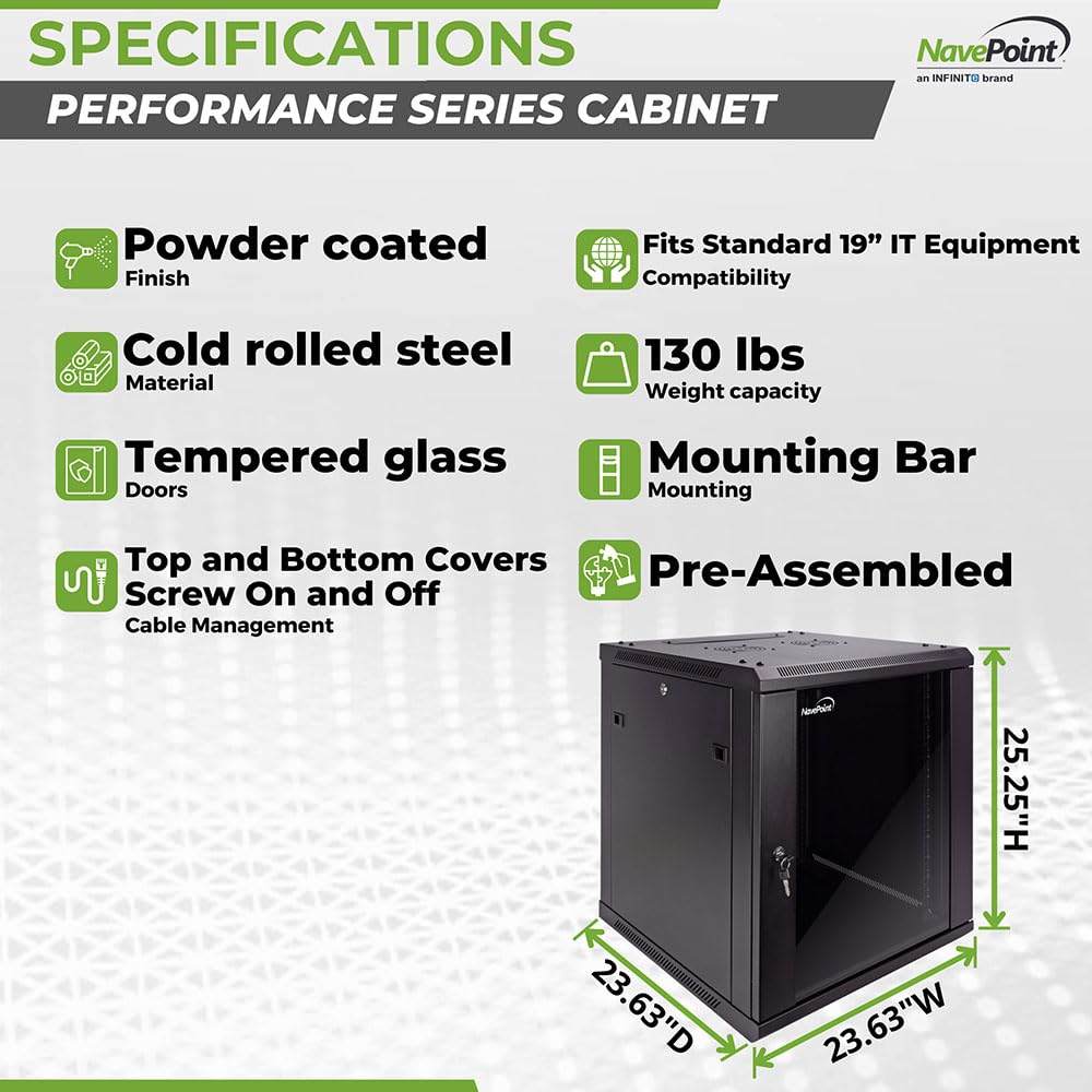 NavePoint 12U Wall Mount Server Rack Cabinet - 19 Inch Network Rack Enclosure with Locking Glass Door, 2 Cooling Fans & Removable Side Panels | 23.6