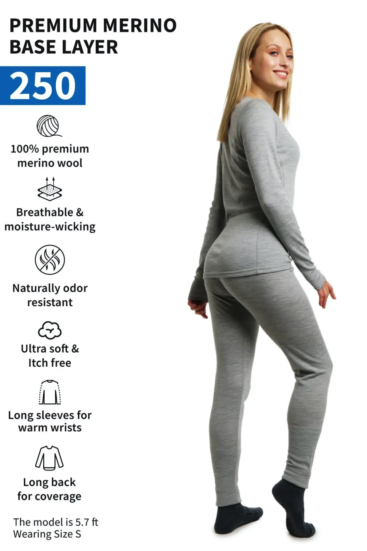 Women's 250 GSM Merino Wool Thermal Underwear Set - Gray Heather - Warm Base Layer for Winter, Hiking & Outdoor Activities
