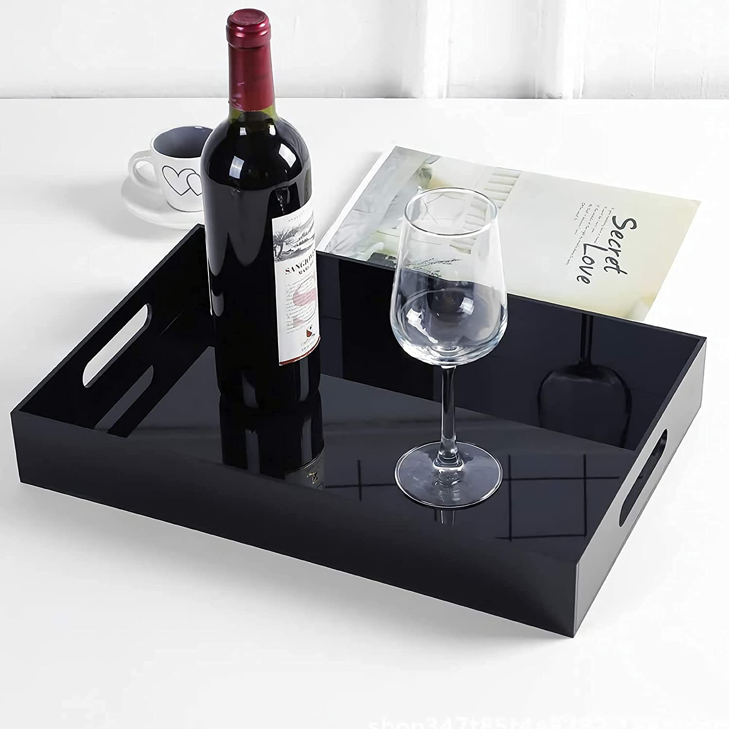 EHKO Black Acrylic Serving Tray with Handles - Decorative Coffee Table Tray for Breakfast, Snacks, and Drinks - Perfect for Dining Room, Kitchen, and Living Room Use