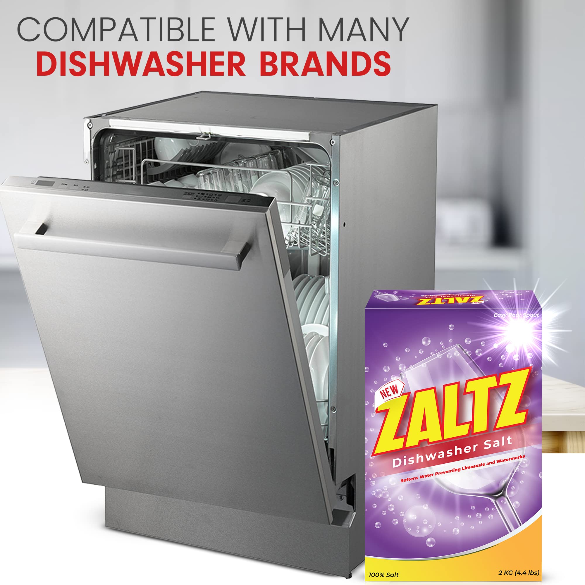 Zaltz Dishwasher Salt - Water Softener & Rinse Aid for Sparkling Clean Dishes, 4.4 lb Box with Easy-Pour Spout | Perfect for Hard Water Areas & Daily Dishwasher Maintenance