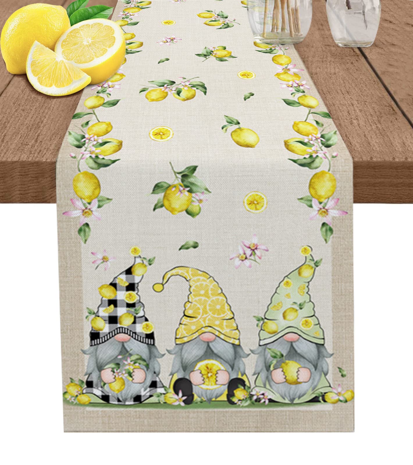 Farmhouse Lemon Gnomes Table Runner 48 Inches - Black & White Checkered Burlap Cotton Tablecloth for Kitchen, Dining, Coffee Tables - Perfect for Spring Summer Decor, Weddings & Home Parties