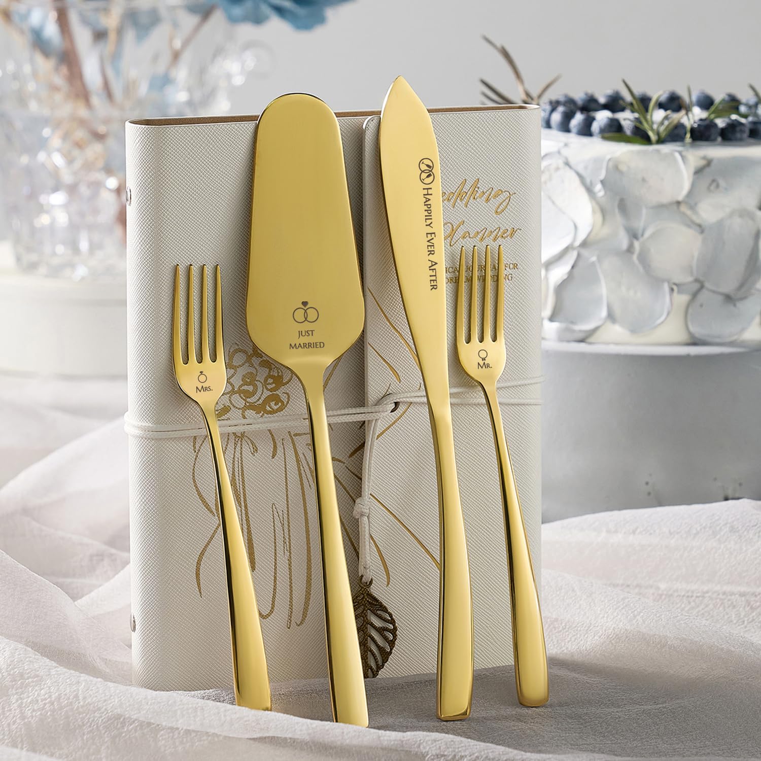 Mr & Mrs Wedding Cake Knife Set with Forks - 24K Gold Plated Stainless Steel Cake Cutting Serving Set - Elegant Bridal Shower Gift for Couples - Perfect for Wedding, Engagement & Anniversary Celebrations