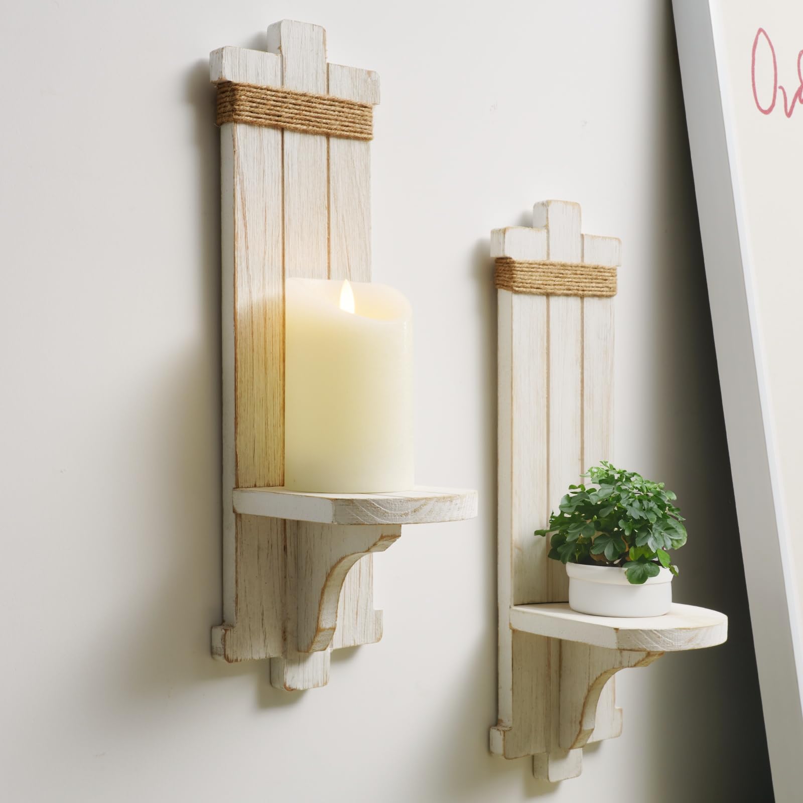 Homemory Farmhouse Wooden Wall Sconces Candle Holder Set of 2 - Rustic Wall Decor for Living Room, Dining Room, Bedroom & Bathroom - White - Perfect for Cozy Home Ambiance and Romantic Lighting