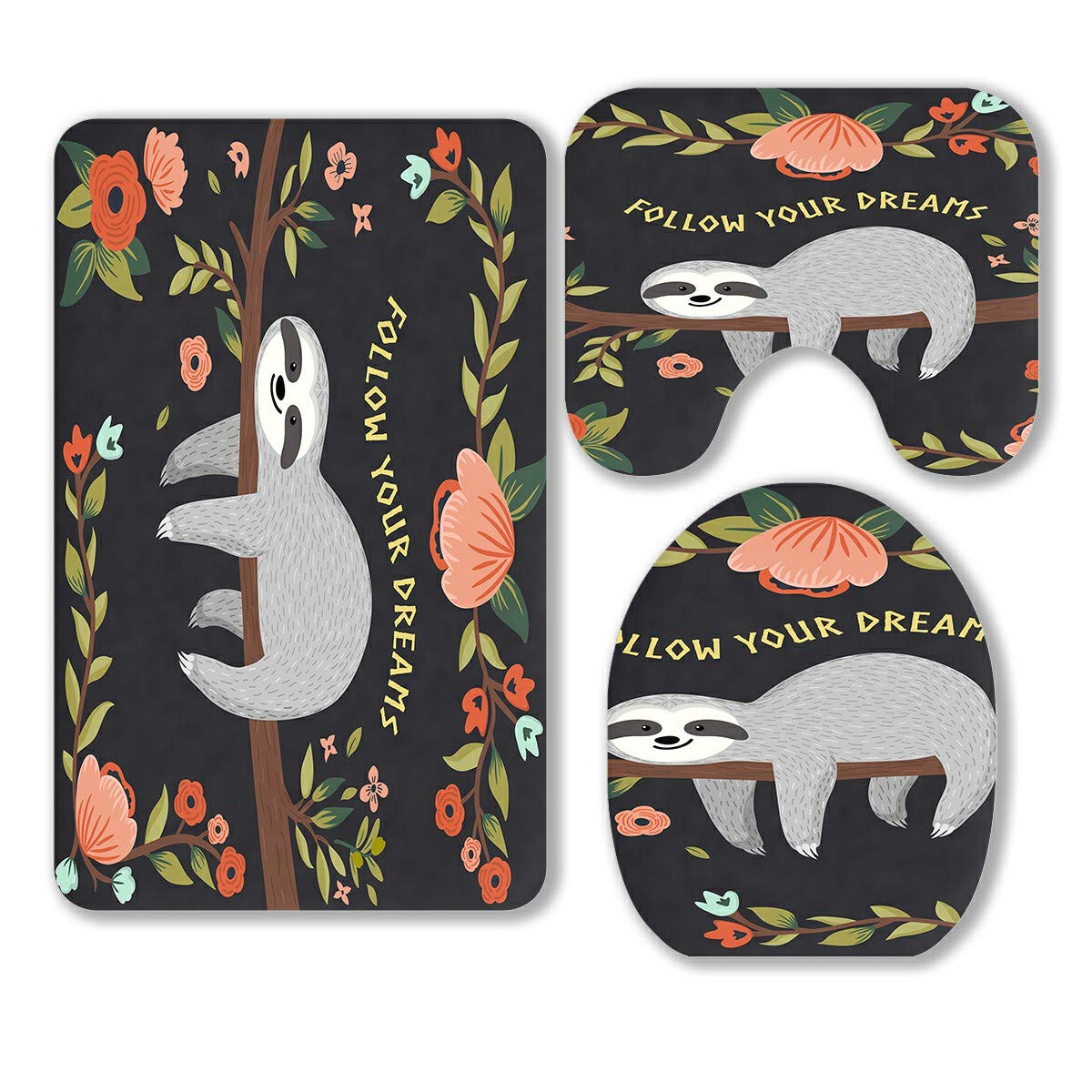 ECZJNT Follow Your Dreams Baby Tree Cartoon Animal 3-Piece Bathroom Rug Set - Soft Non-Slip Bath Mat, Contour Mat & Toilet Lid Cover for Kids' Room, Nursery Decor & Cozy Bathroom Makeover
